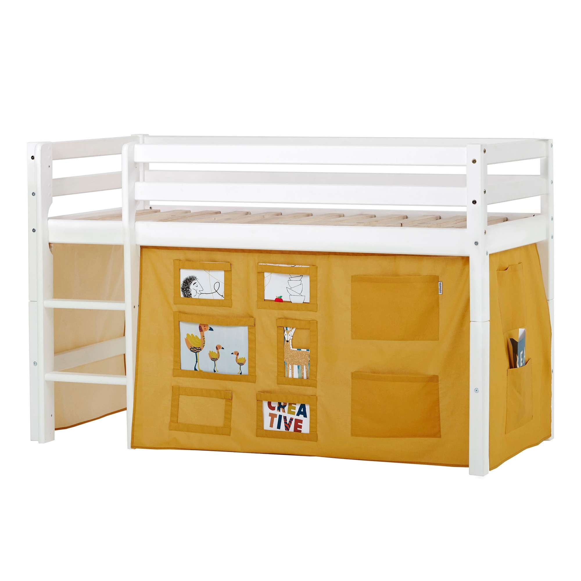 Hochbett HOPPEKIDS "ECO Dream, Kinderbett, Spielbett, Halbhohes Bett aus Massivholz", gelb (weiß, creator gelb), B:81cm H:105cm L:168cm, Kinderbett: 100% Massivholz: Nordische Kiefer, Vorhang: 100% Baumwolle, Hochbetten, Hochbett Kinderbett, inkl....
