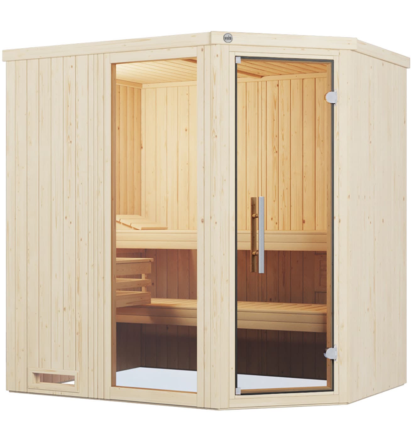 Sauna WEKA "Element-Ecksauna VARBERG 1", weiß, Bio-Ofen, externe Steuerung, 7,5 kW, Saunen, vorgefertigte Elemente, Fensterelement, moderne Ganzglastür Image