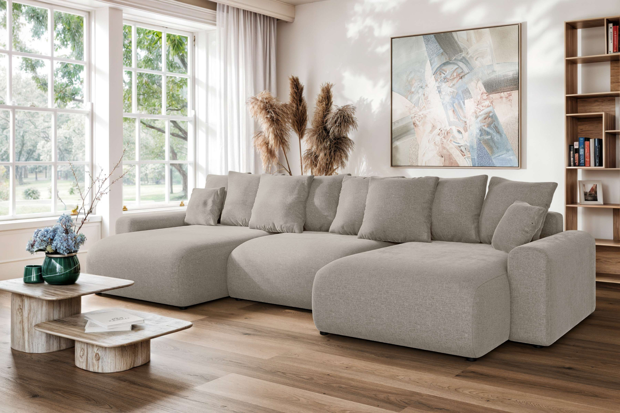 Wohnlandschaft HOME AFFAIRE "LAKESIDE mit Bettfunktion und Bettkasten, Maße B/T/H: 332,5/142/84 cm", beige, B:332,5cm H:84cm T:142cm, 100% Polyester, Sofas, Wohnlandschaft, U‑Form mit vielen Kissen und Wellenunterfederung