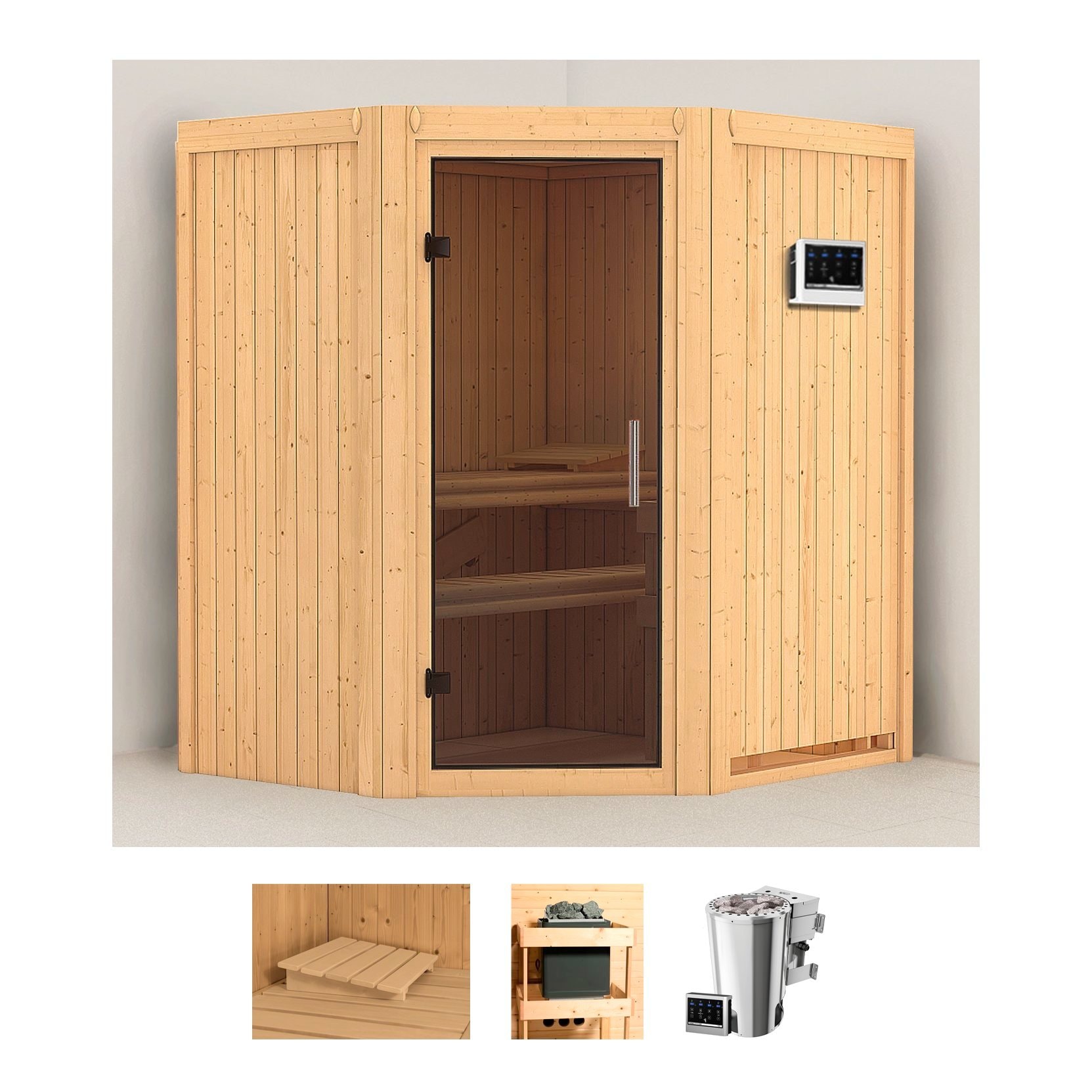 Sauna KARIBU "Tomke", beige (naturbelassen), Bio-Kombiofen, externe Steuerung, 3,6 kW, Saunen, Ofen 3,6 kW Bio-Ofen externe Strg. easy