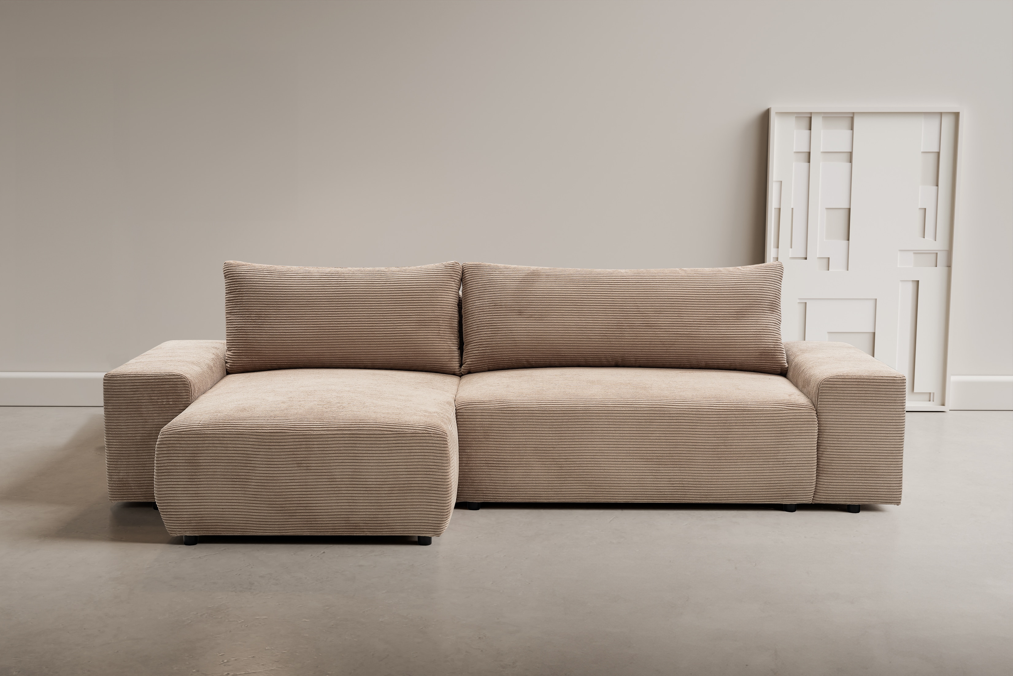 Ecksofa WERK2 "Amsterdam, zeitlos und elegant, Breite 300cm, L-Form", beige (greige), B:300cm H:76cm T:150cm, 90% Polyester, 10% Nylon, Sofas, Design Ecksofa mit hohem Komfort, Schlaffunktion & Bettkasten