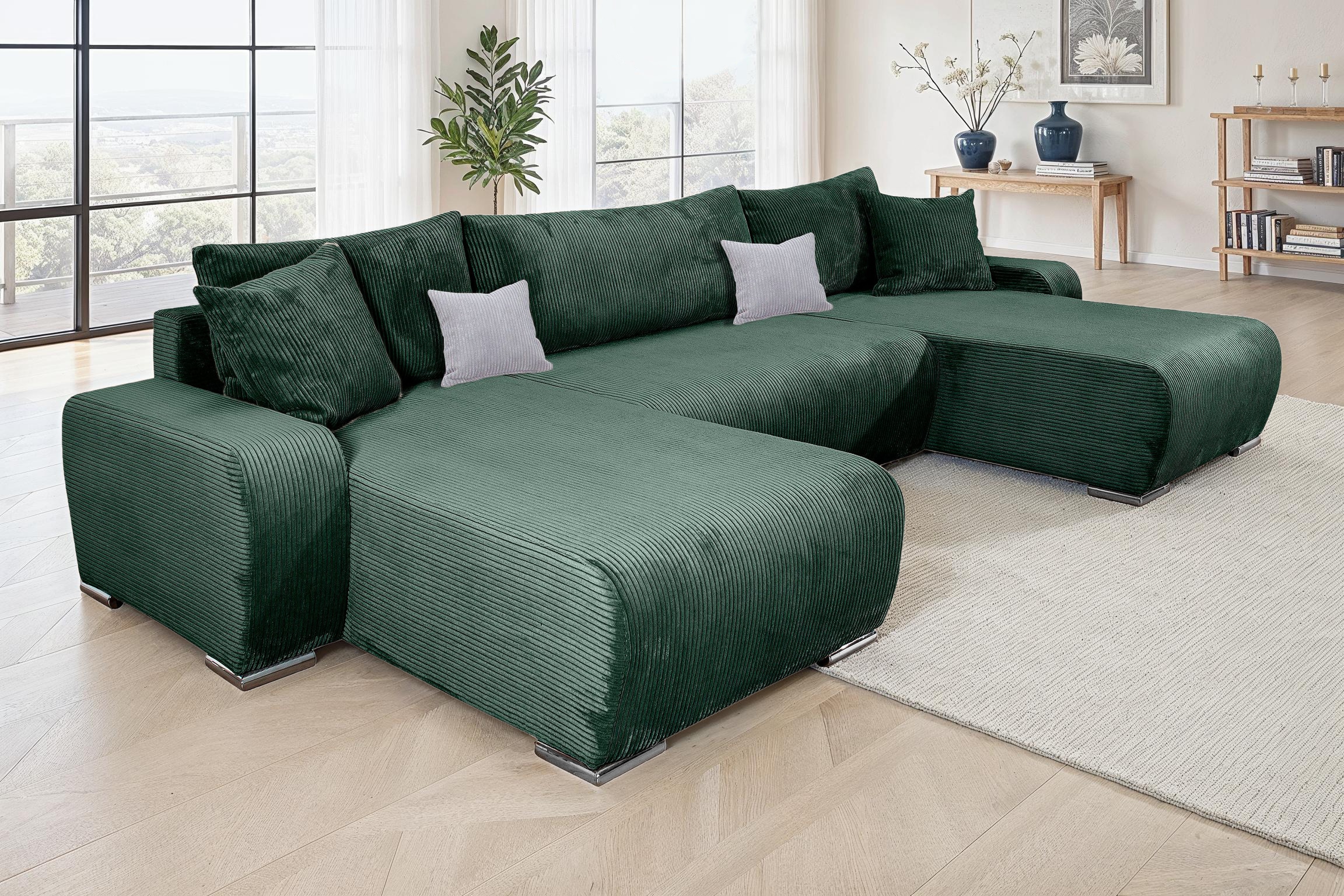 Wohnlandschaft COLLECTION AB "Paola U-Form, Breite 314 cm", grün (flaschengrün), B:314cm H:41cm T:169cm, 100%Polyester, Sofas, Wohnlandschaft, Wohnlandschaft,2 Ottomane,Bonnelfederkern,Rückenkissen, Topseller