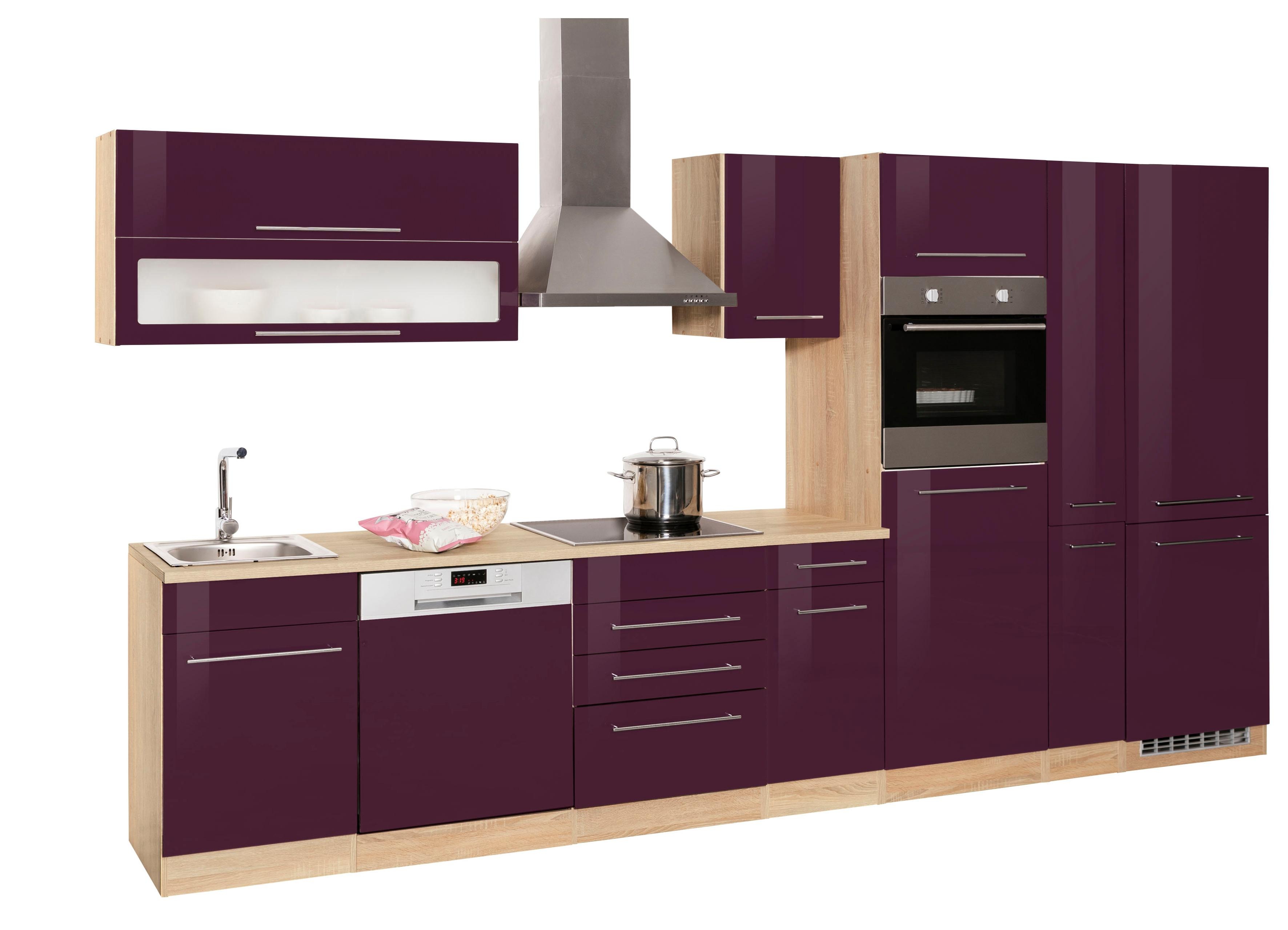 Küchenzeile KOCHSTATION "KS-Eton", lila (küche: lila, korpus: eichefarben, arbeitsplatte: eichefarben), B:360cm T:60cm, Komplettküchen-Sets, ohne E-Geräte, Breite 360 cm Image