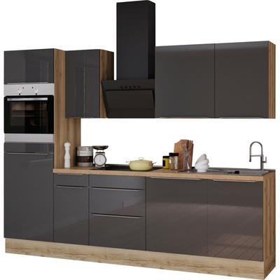 Küchenzeile KOCHSTATION "KS-Aken", front: anthrazit hochglanz, korpus: wildeichefarben, arbeitsplatte: eiche struktur, B:270cm H:212cm T:60cm, Komplettküchen-Sets, Küchenzeile, Breite 270 cm, wahlweise mit E-Geräten, mit Arbeitsplatte 38 mm stark Image