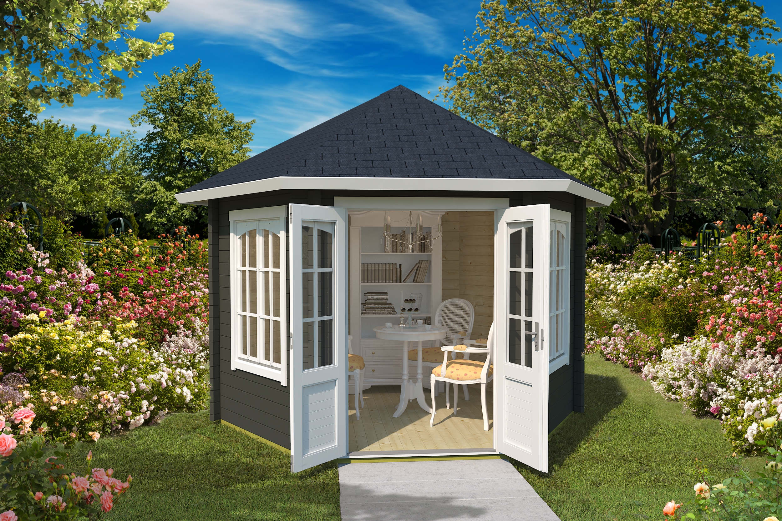 Gartenhaus NORDIC HOLZ "Pavillon RIVERA 44", grün (grüngrau), Fußboden im Gartenhaus, Massivholzdach, Holz, Gartenhäuser, Gartenhaus