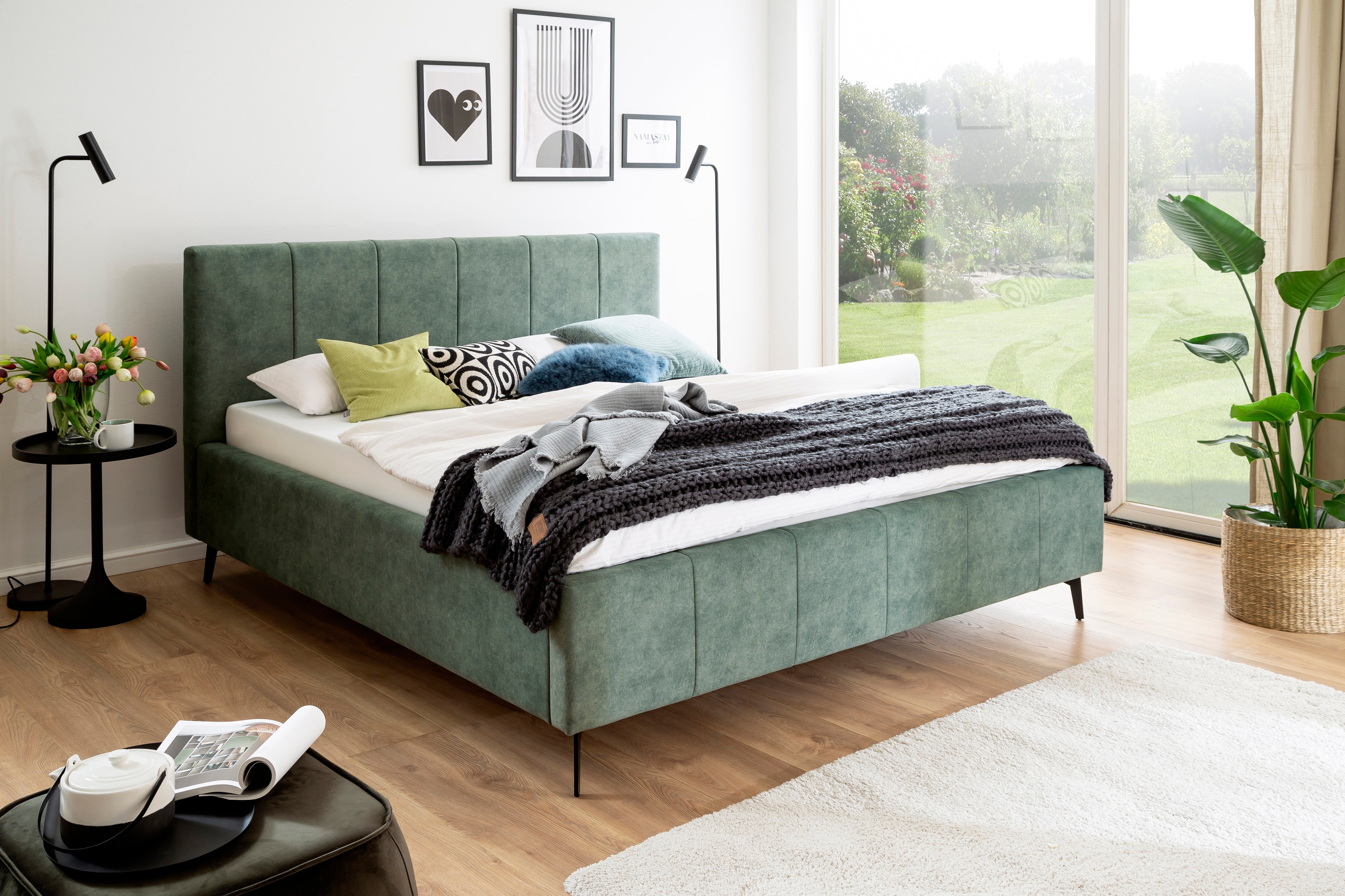 Stauraumbett MEISE.MÖBEL "Lizzano", grün, L:217cm, Betten, Stauraumbett, inkl. Lattenrost und Bettkasten