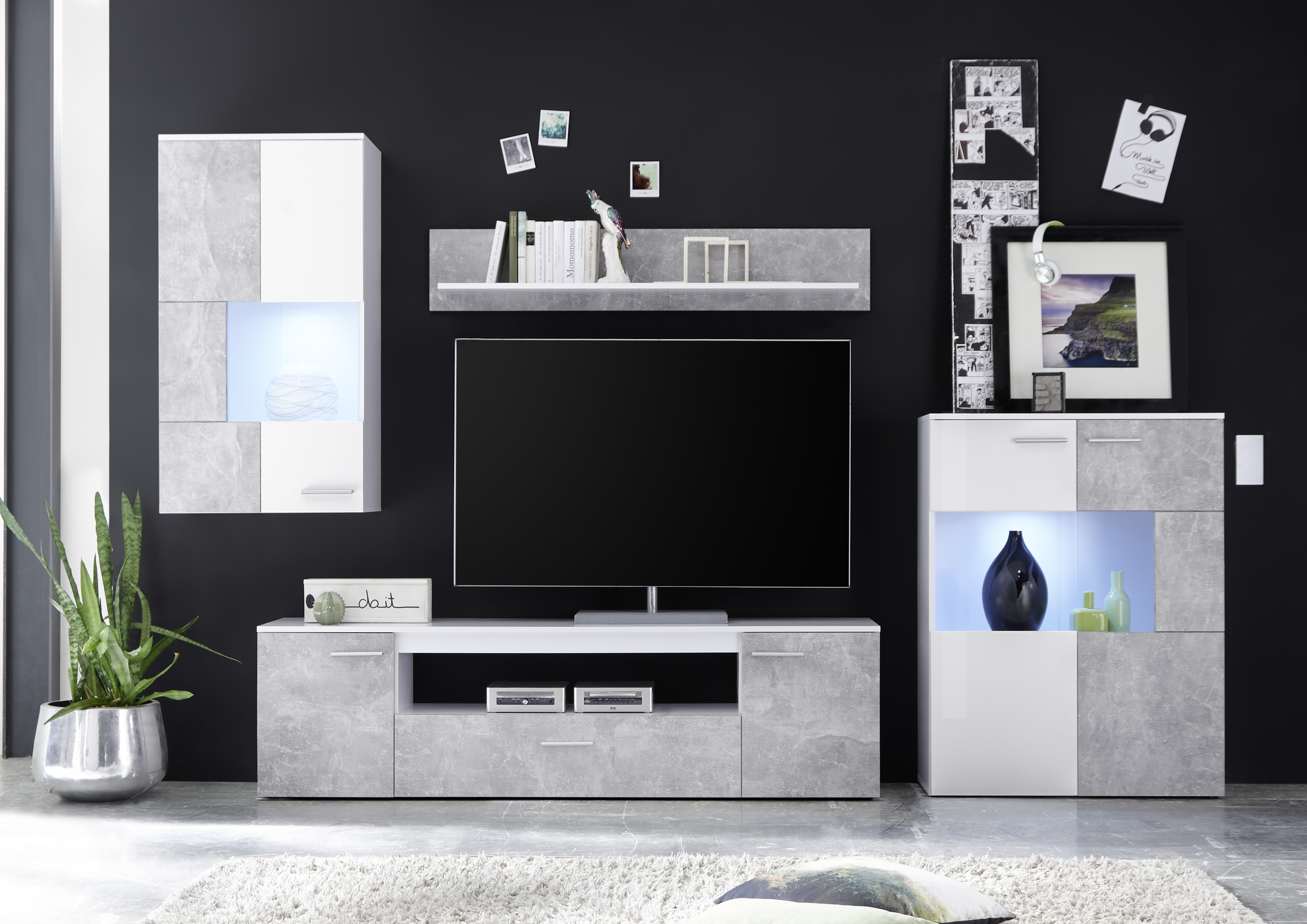 Wohnwand HBZ "Vulcan inkl. LED-Beleuchtung Weiß-Beton, BxHxT 290x194x40 cm", grau (beton, abgesetzt weiß), B:290cm H:194cm T:40cm, Holzwerkstoff, Kastenmöbel-Sets, Wohnwand, Mit 1 Hängevitrine, 1 Stauraumschrank, 1 Lowboard, 1 Wandregal