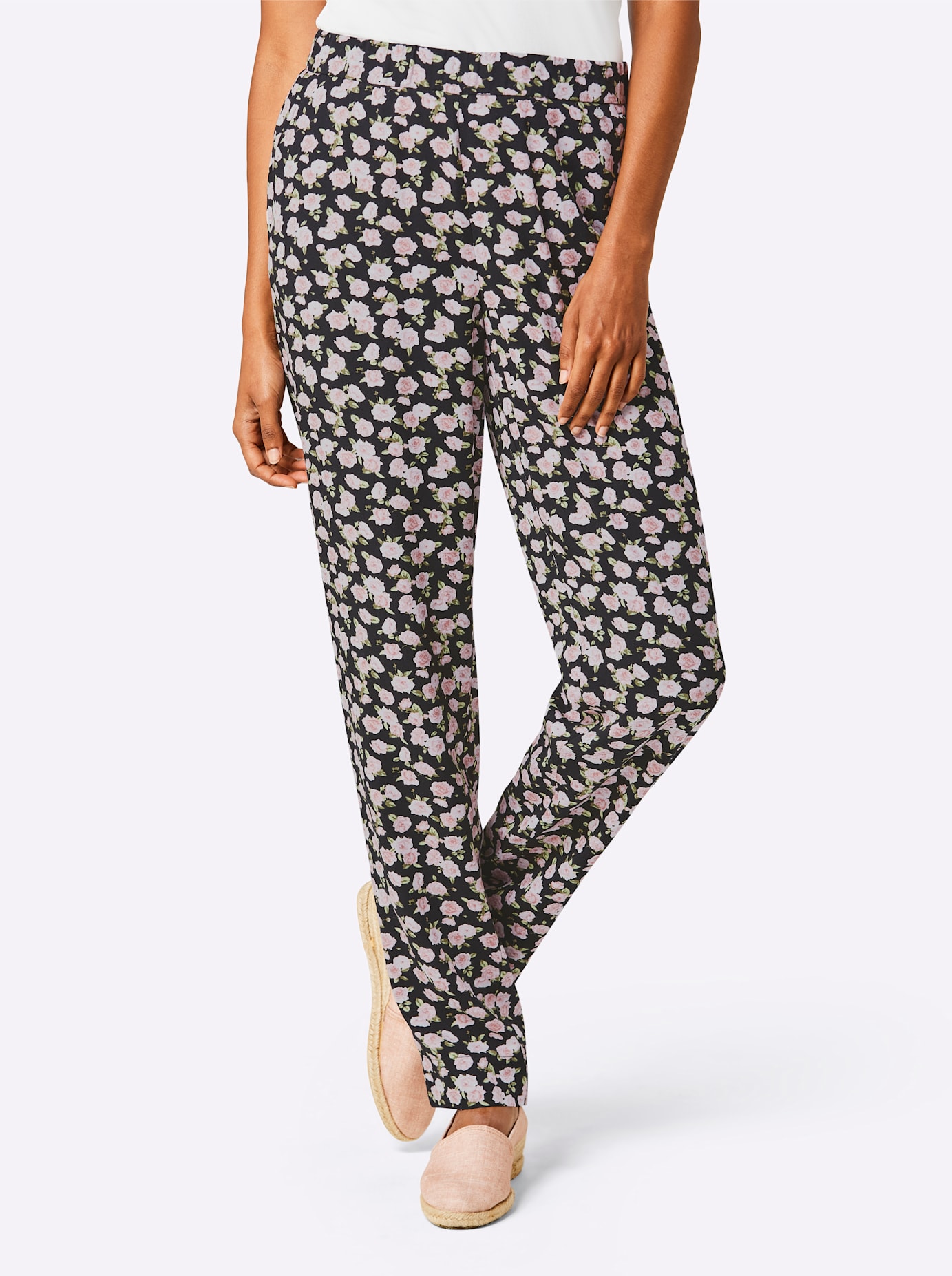 Schlupfhose CREATION L PREMIUM, Damen, Gr. 50, Normalgrößen, rosa (schwarz, hellrosé, bedruckt), 70% Modal, 30% Polyester, bedruckt, geblümt, gemustert, mehrfarbig, lang, Hosen Schlupfhose