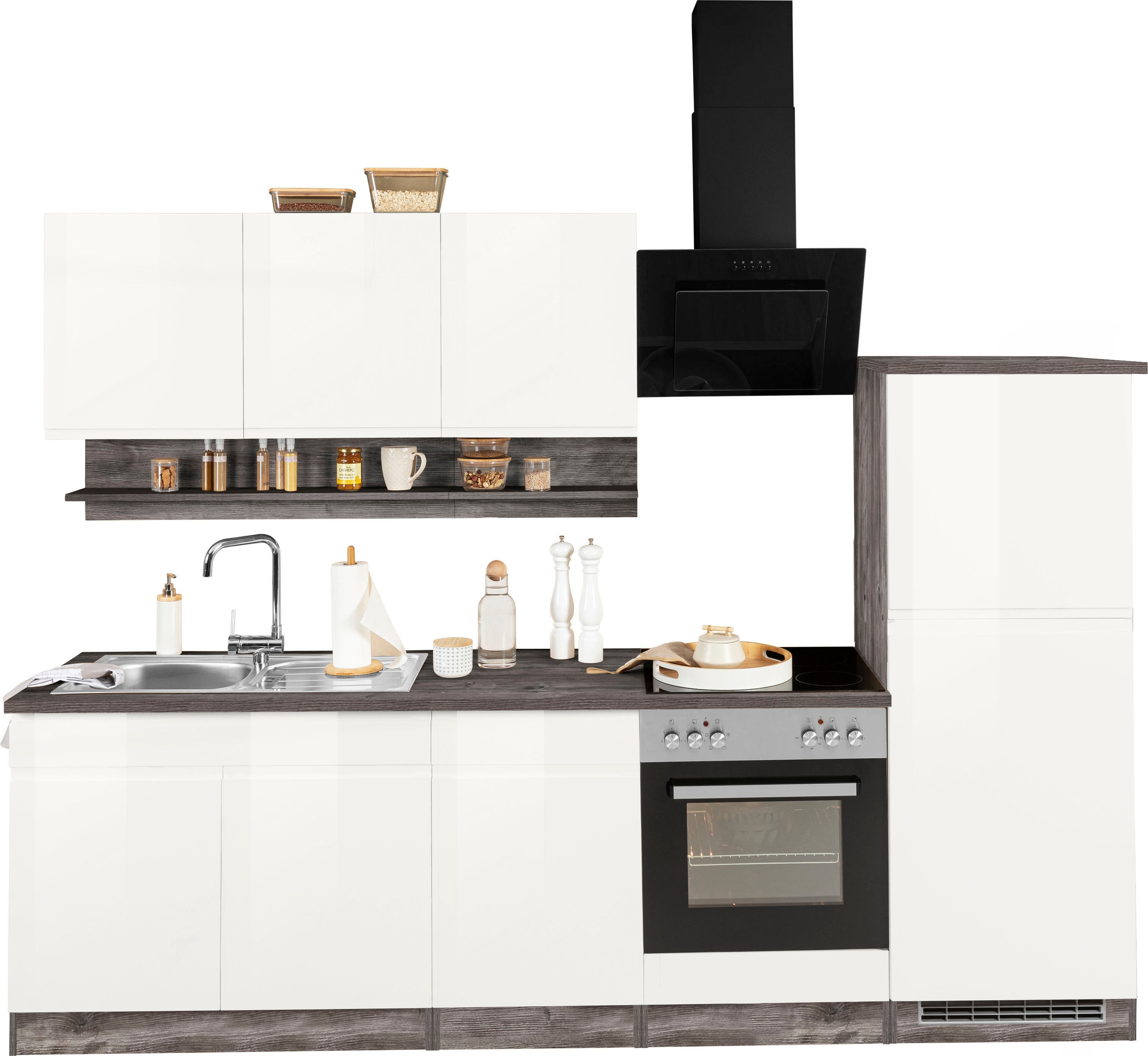 Küchenzeile KOCHSTATION "KS-Virginia", weiß (küche: weiß, front: weiß hochglanz, korpus: eiche vintage, arbeitsplatte: eiche vintage), B:270cm H:200cm T:60cm, Komplettküchen-Sets, Küchenzeile, Breite 270 cm, wahlweise mit E-Geräten