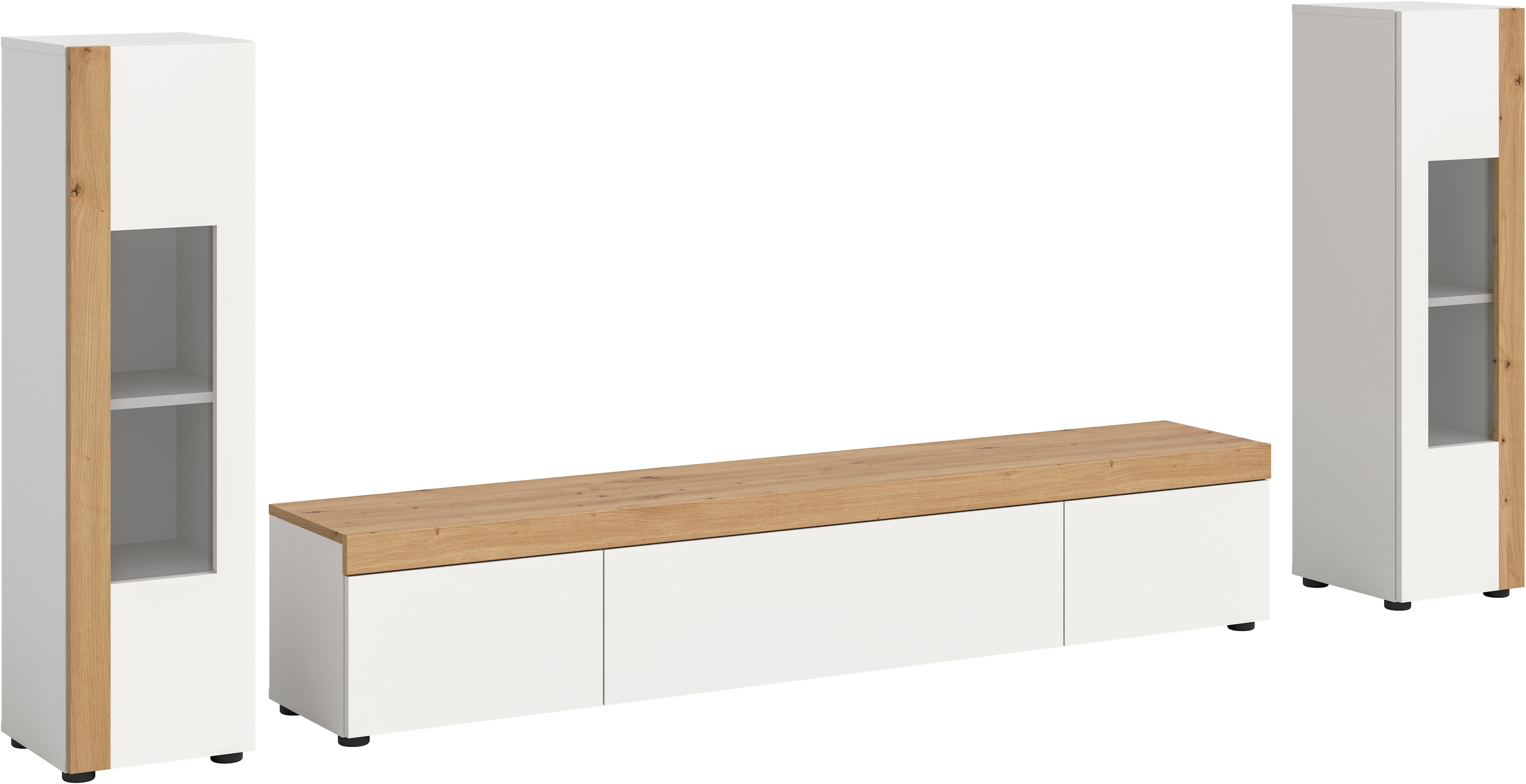 Wohnwand INOSIGN "Svala, Breite 180 cm, Wohnkombination", weiß (weiß nachbildung), B:270cm H:34cm T:33cm, Kastenmöbel-Sets, stehend u. hängend montierbar, Vitrinenschränke, Lowboard