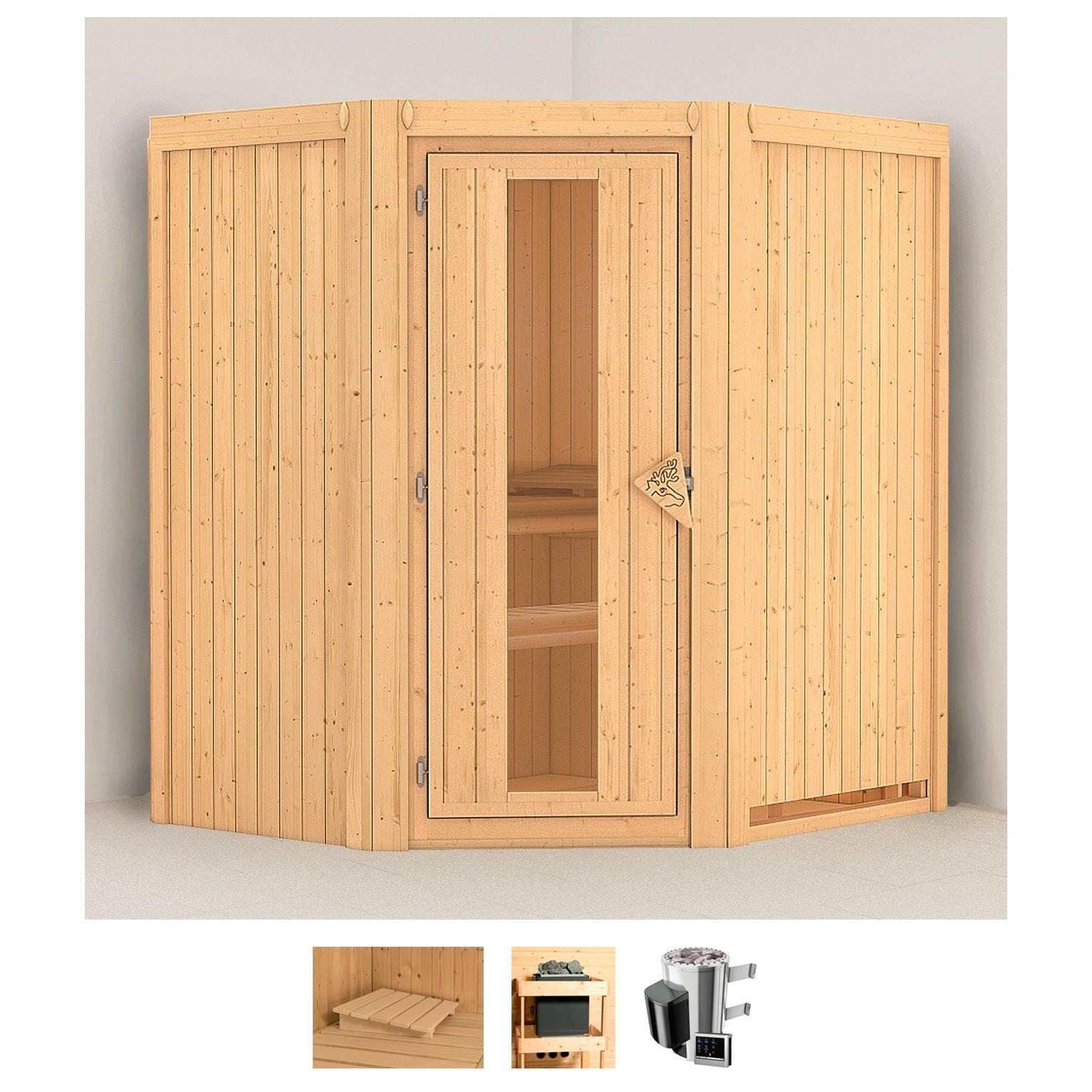 Sauna KARIBU "Tomke", beige (naturbelassen), Saunaofen, externe Steuerung, 3,6 kW, Saunen, 3,6-kW-Plug & Play Ofen mit externer Steuerung Image