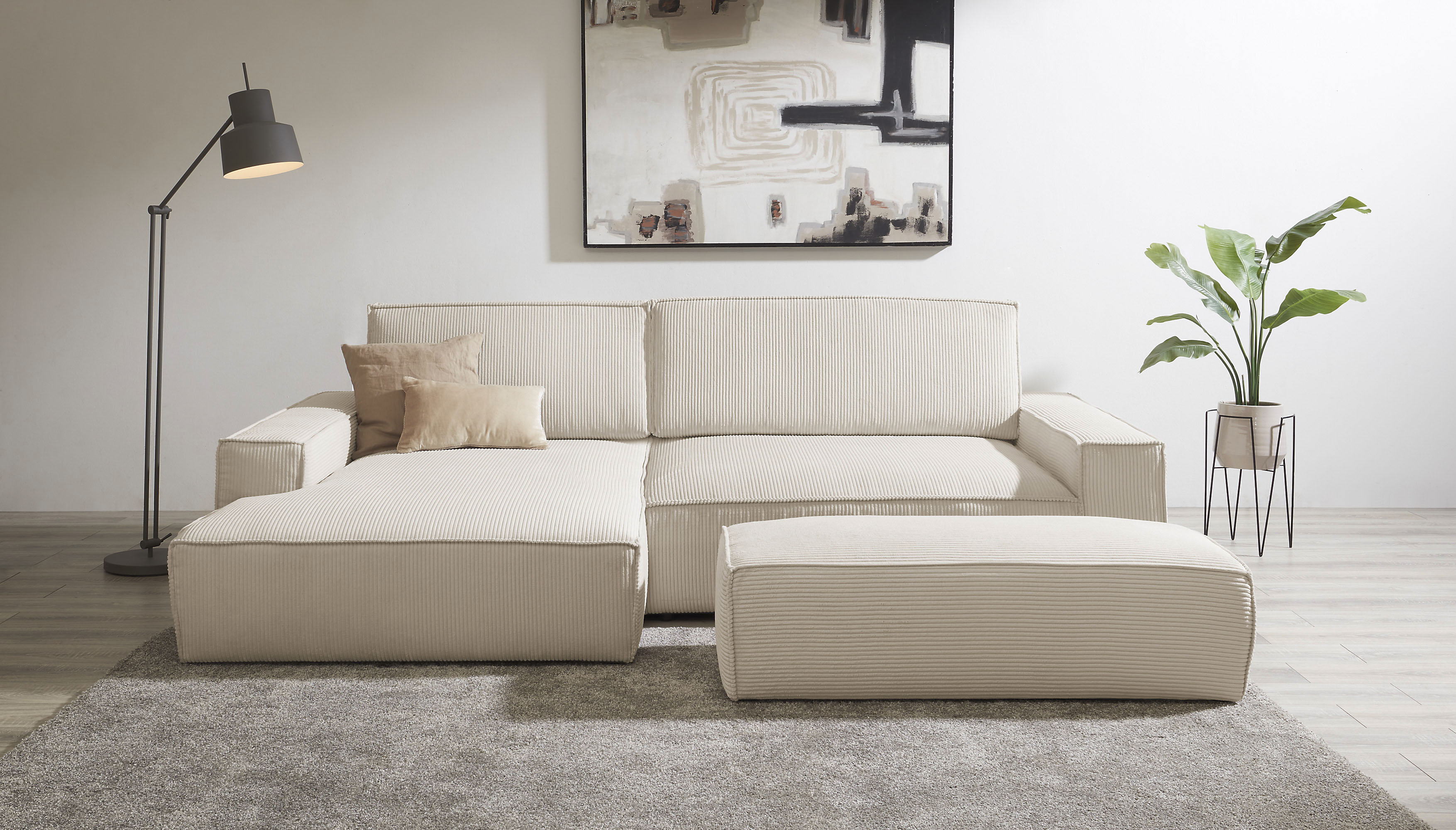 Polsterecke HOME AFFAIRE "SHERWOOD XXL tief, L-Form, Schlaffunktion, Bigsofa, Cord, Leinenoptik", beige (hellbeige), B:284cm H:90cm T:135cm, 100% Polyester, Sofas, stellbar zum Schlafsofa (Krokodilverbinder), Cord, Leinenoptik