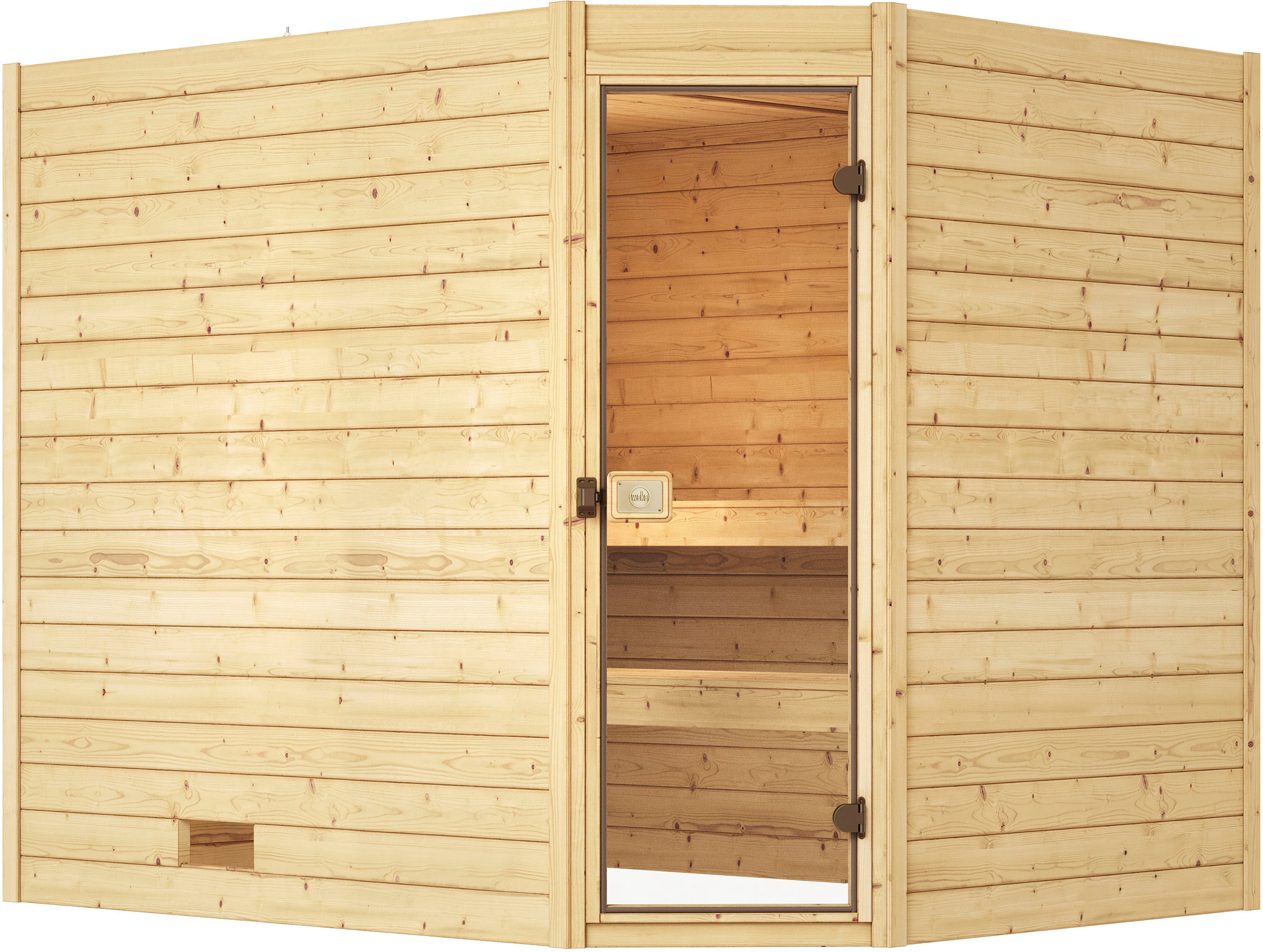 Sauna WEKA "Massivholzsauna VALIDA Eck 3", beige (natur), Bio-Ofen, externe Steuerung, 9 kW, Saunen, Blockbohlen, moderne Ganzglastür Image