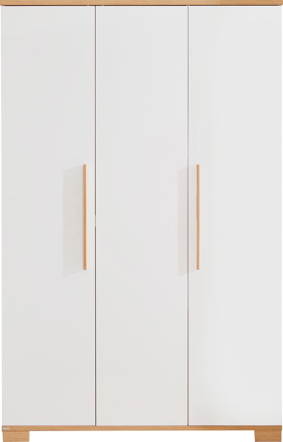Kleiderschrank PAIDI "YOLANDA in Weiß mit Eiche-Dekor, 3 Türen mit Soft-Close", weiß (kreideweiß, eiche, montana), B:123,5cm H:194,5cm T:55,6cm, Schränke, Kleiderschrank, inkl. Kleiderstangen und Einlegeböden, Massivholz-Griffe