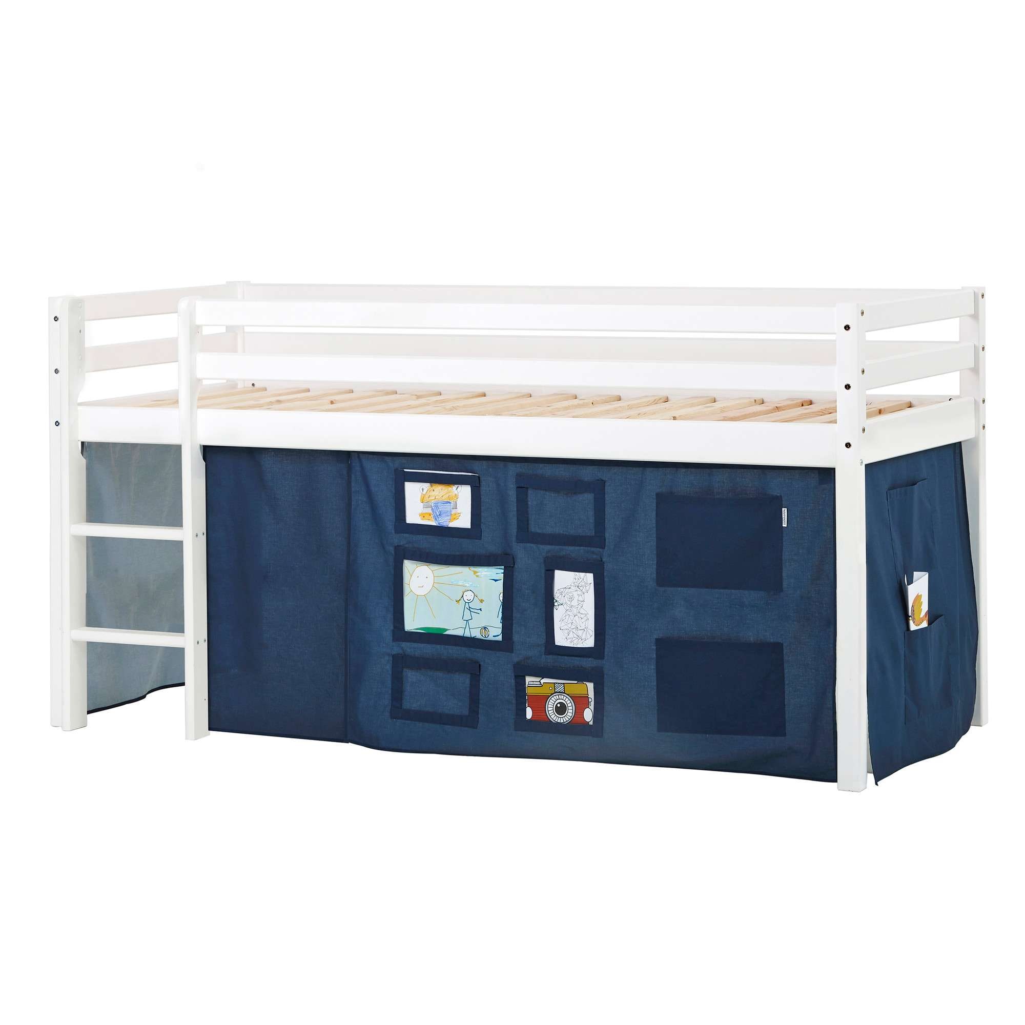 Hochbett HOPPEKIDS "ECO Dream, Kinderbett, Spielbett, Halbhohes Bett aus Massivholz", blau (weiß, creator blau), B:101cm H:105cm L:208cm, Kinderbett: 100% Massivholz: Nordische Kiefer, Vorhang: 100% Baumwolle, Hochbetten, Hochbett Kinderbett, inkl.... Image