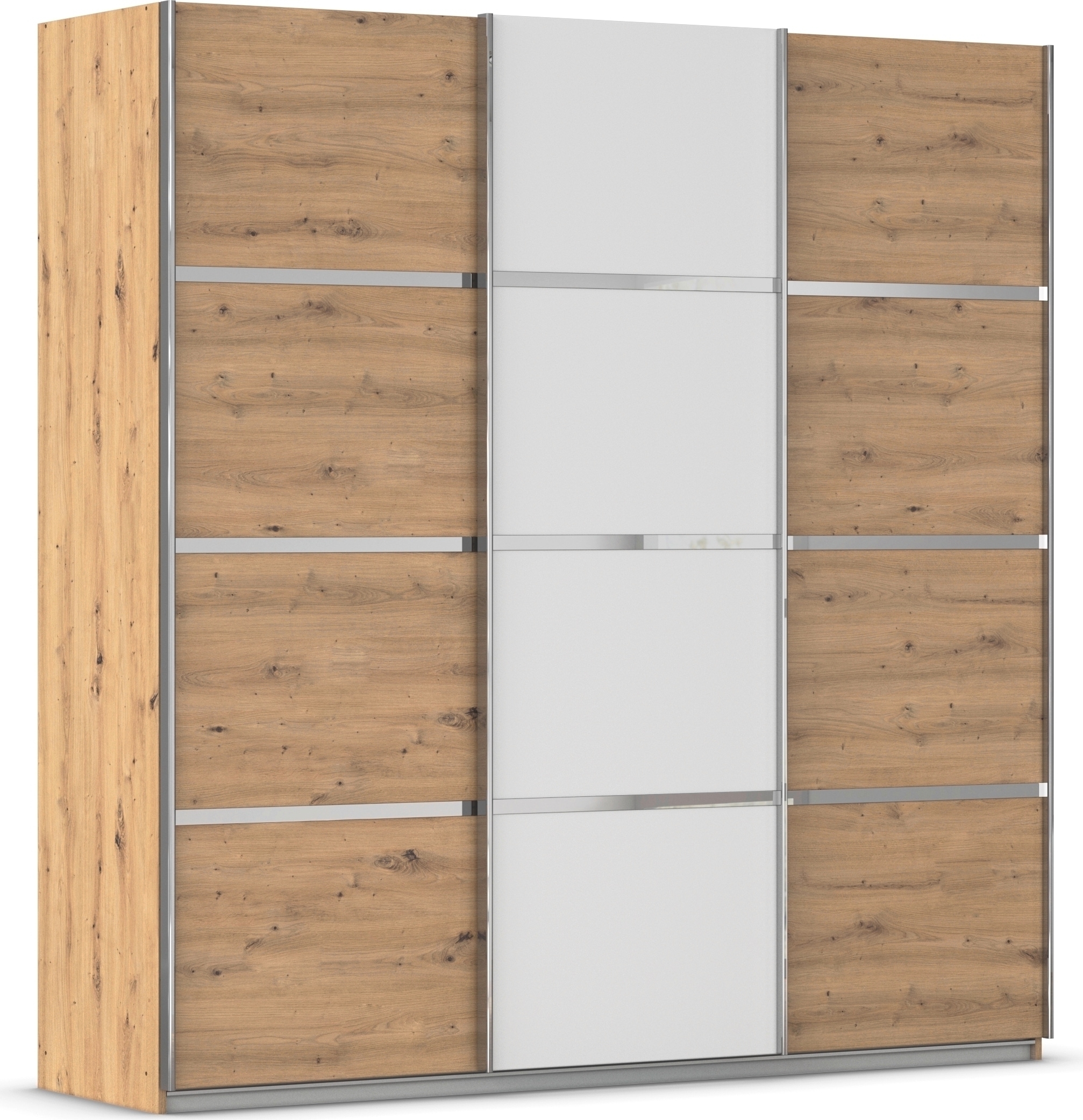 Kleiderschrank RAUCH "Schwebetürenschrank OTTO´s Choice Garderobe Schrank TOP ANGEBOT Avola", weiß (eiche artisan, alpinweiß, leisten chrom), B:203cm H:229cm T:62cm, Holzwerkstoff, Schränke, mit eleganten Zierleisten in Chrom, Schwarz oder Weiß MADE... Image