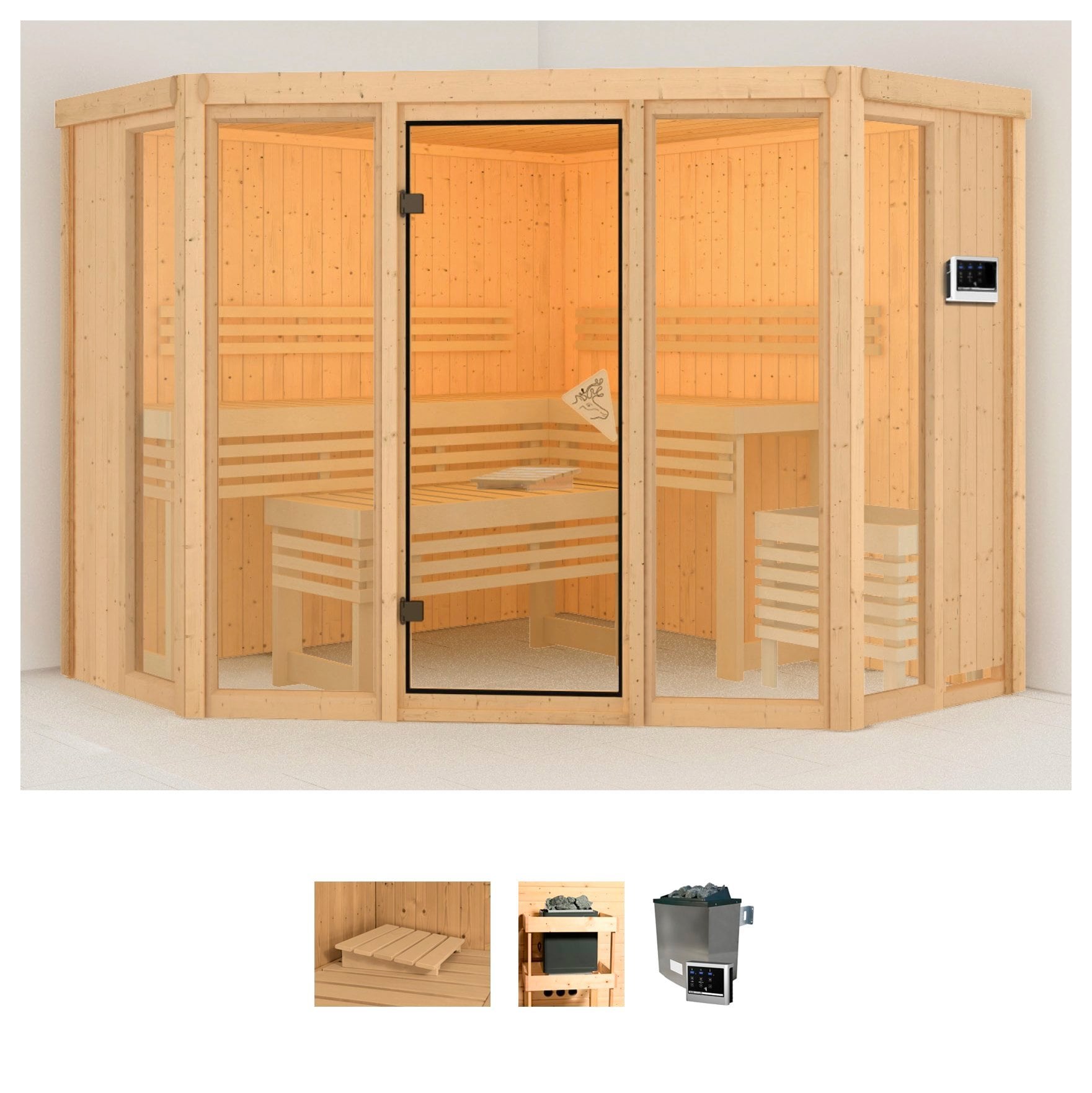 Sauna KARIBU "Astrid 2", beige (naturbelassen), Saunaofen, externe Steuerung, 9 kW, Saunen, Ofen 9 KW externe Strg easy