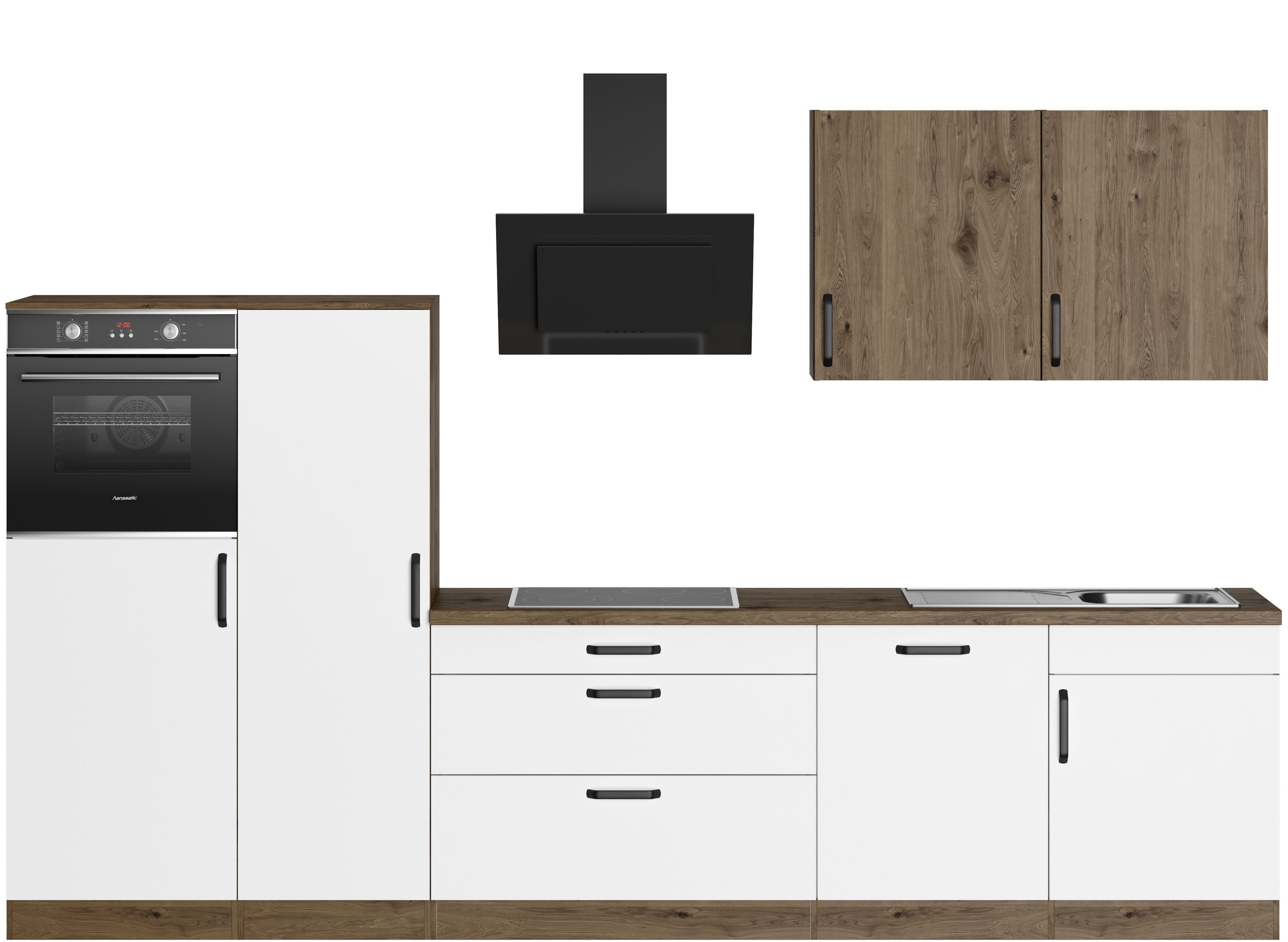 Küchenzeile WIHO KÜCHEN "Elba", weiß (küche: weiß, korpus: halifax eichefarben braun, arbeitsplatte: eichefarben braun), B:330cm T:60cm, Komplettküchen-Sets, wahlweise mit Hanseatic E-Geräten, Breite 330 cm Image