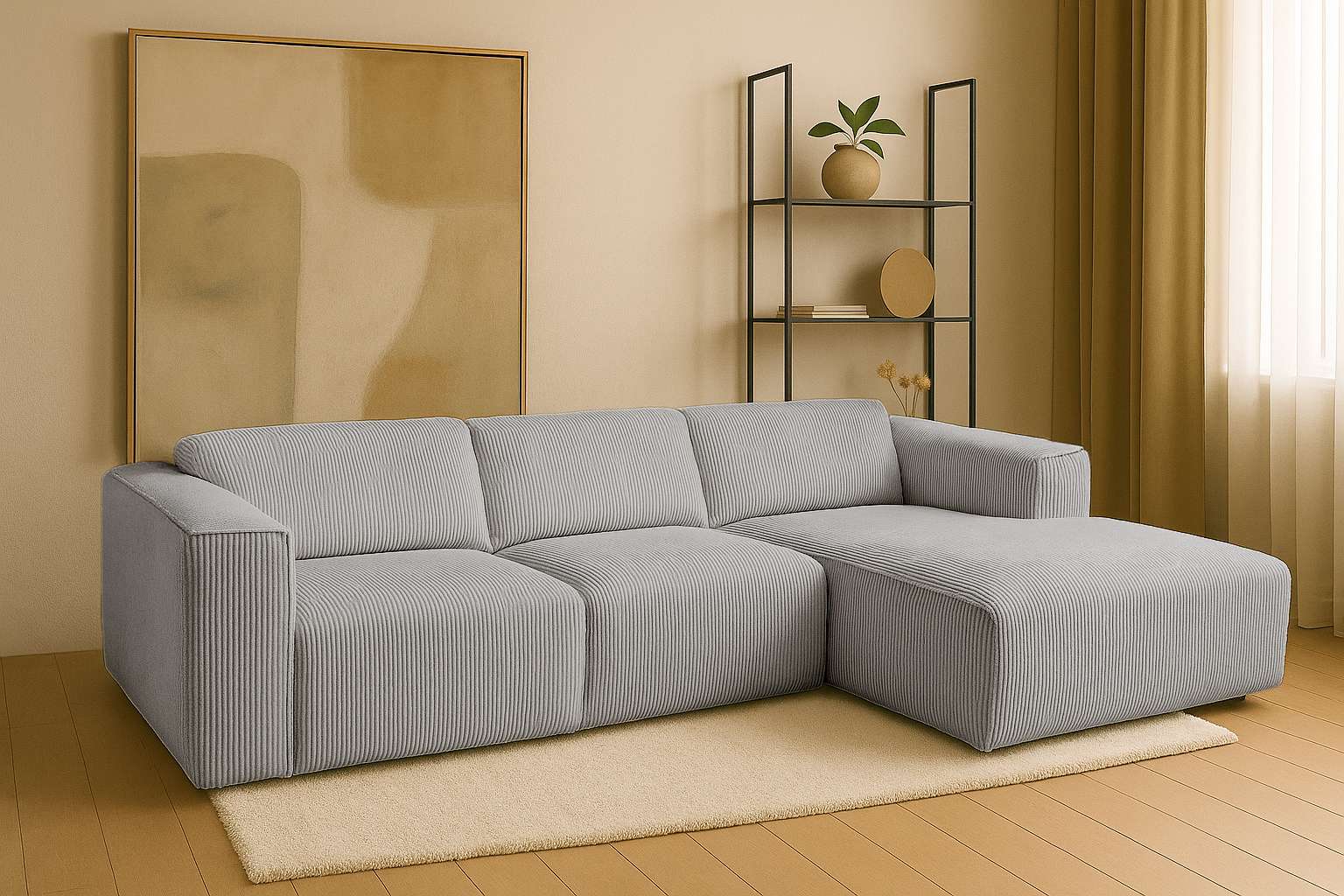 Ecksofa ANDAS "Noord mit Kedernaht, Breite 281 cm, L-Form", grau (ligh grau), B:281cm H:71cm T:161cm, 92% PES, 8% NY, Sofas, Cord, Struktur, Webstoff, mit Wellenunterfederung, Massivholzrahmen Image