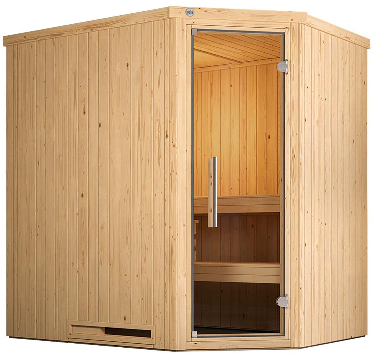 Sauna WEKA "Element-Ecksauna VARBERG 1", beige (natur), Saunaofen, integrierte Steuerung, 5,4, Saunen, vorgefertigte Elemente, moderne Ganzglastür Image