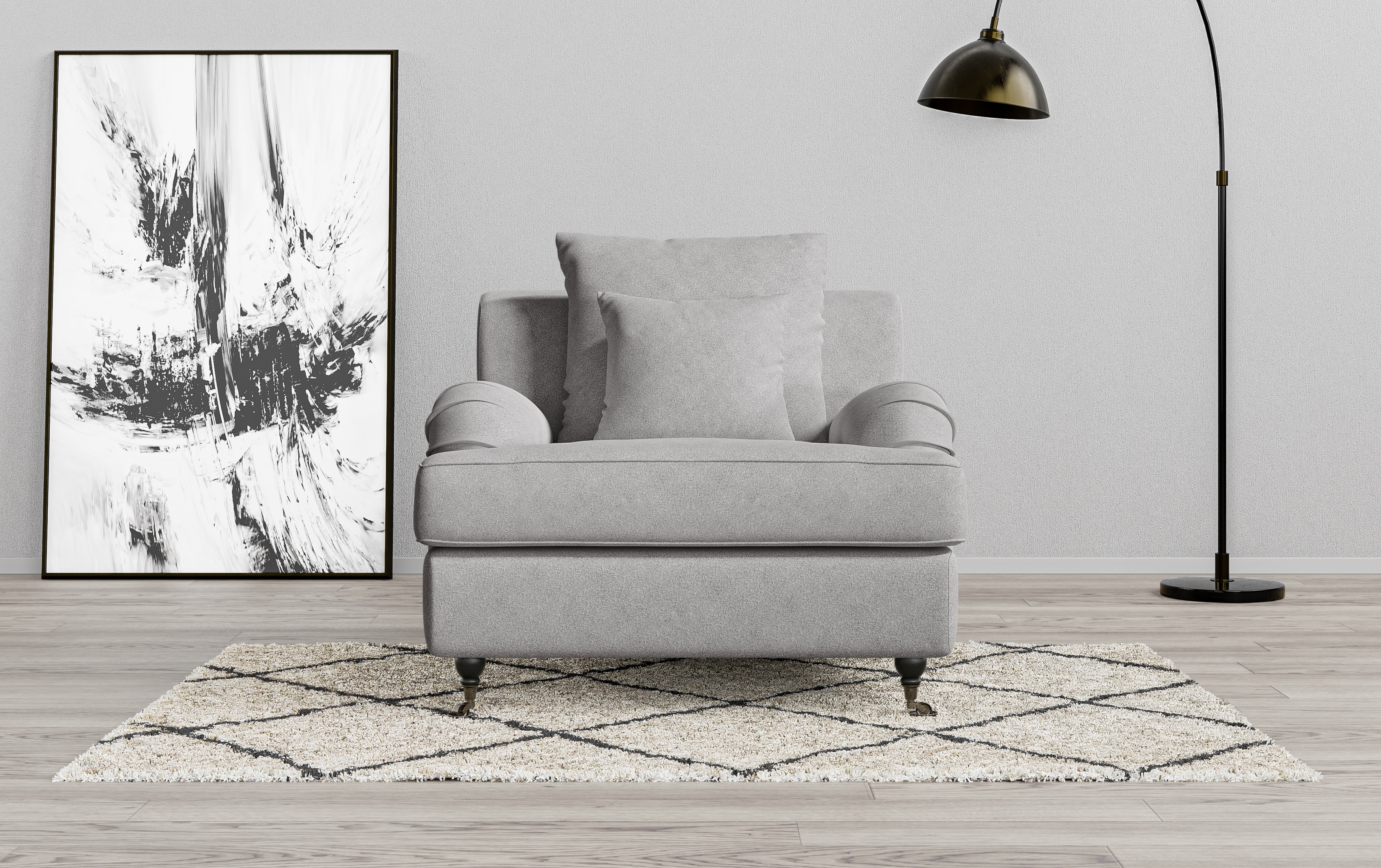Sessel HOME AFFAIRE "NORIN", grau, B:100cm H:92cm T:105cm, 93% Polyester, 6% Acryl, 1% Baumwolle, Sessel, Einzelsessel, zwei Fußarten: vorne - Rollen, hinten - Holzfüße Image