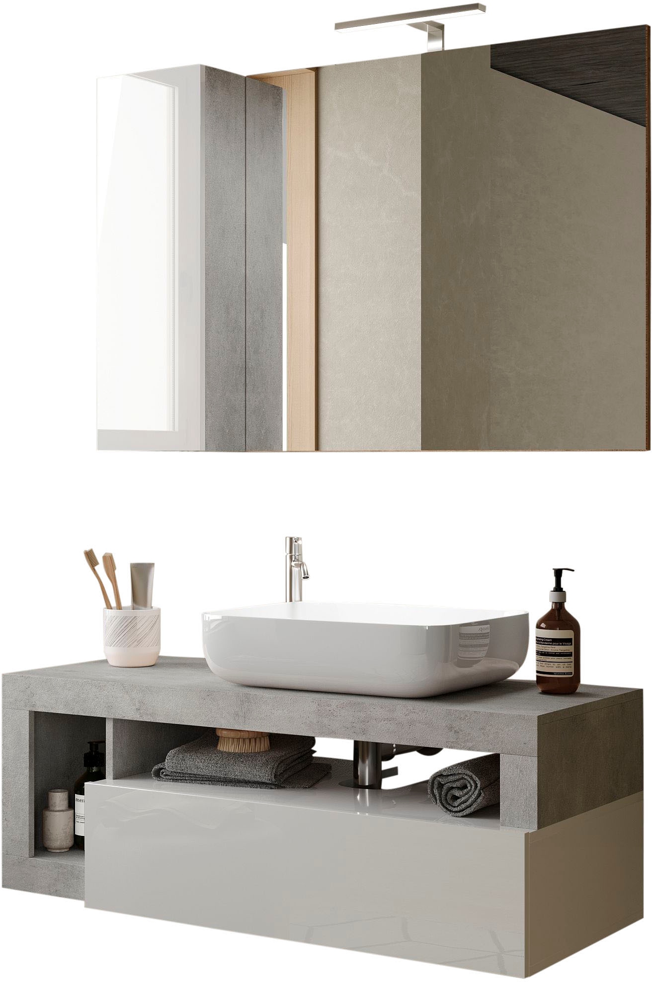 Badmöbel-Set WELLTIME "Hamburg, Badezimmerset 2tlg. Breite 110 cm, Badmöbel, Waschtisch inkl.", weiß (weiß, beton, optik), B:110cm H:190cm T:49cm, Kastenmöbel-Sets, Badmöbel-Set, Waschbecken, Spiegelschrank mit LED Aufbauleuchte, Soft-Close-Funktion