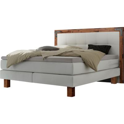 Boxspringbett HASENA "Memphis", weiß (weiß, akazie grau), B:178cm L:206cm, Komplettbetten, Boxspringbett, im Vintagelook, Massivholz-Umrandung, Tonnentaschen-Federkernmatratze Image