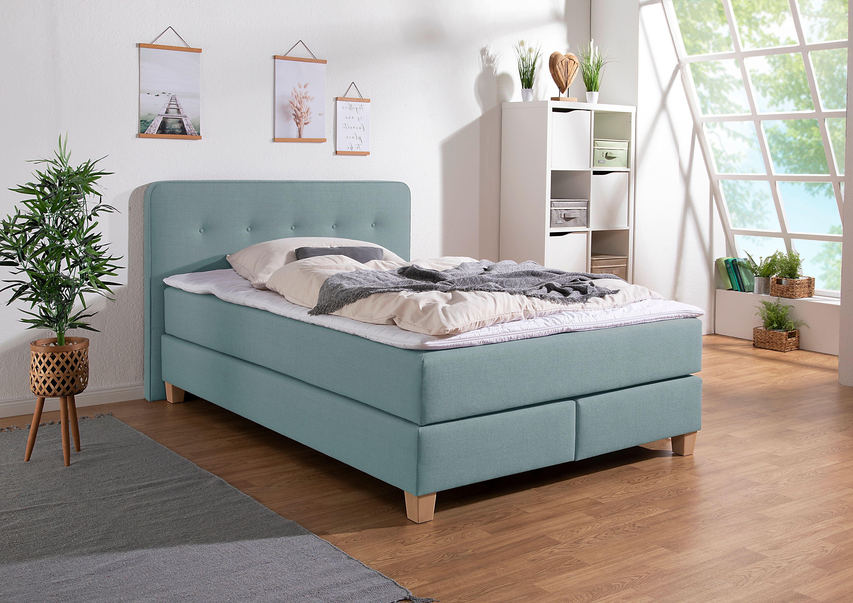 Boxspringbett HOME AFFAIRE "Fargo", blau (petrol), B:153cm L:207cm, Struktur fein (100% Polyester);Samtstoff (100% Polyester), Komplettbetten, inkl. Topper, in 3 Matratzenarten, in Samt- oder Strukturstoff Image