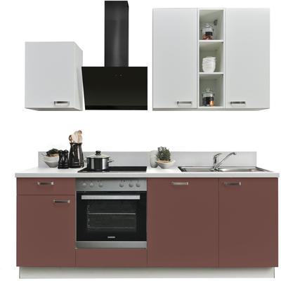 Küchenzeile KOCHSTATION "KS-Bari", wahlw. mit E-Geräten & Geschirrspüler", weiß (front: karminrot, weiß, korpus: weiß, arbeitsplatte: weiß steinstruktur), B:220cm T:60cm, Komplettküchen-Sets, Küchenzeile, Soft-Close-Funktion und Vollauszug,... Image
