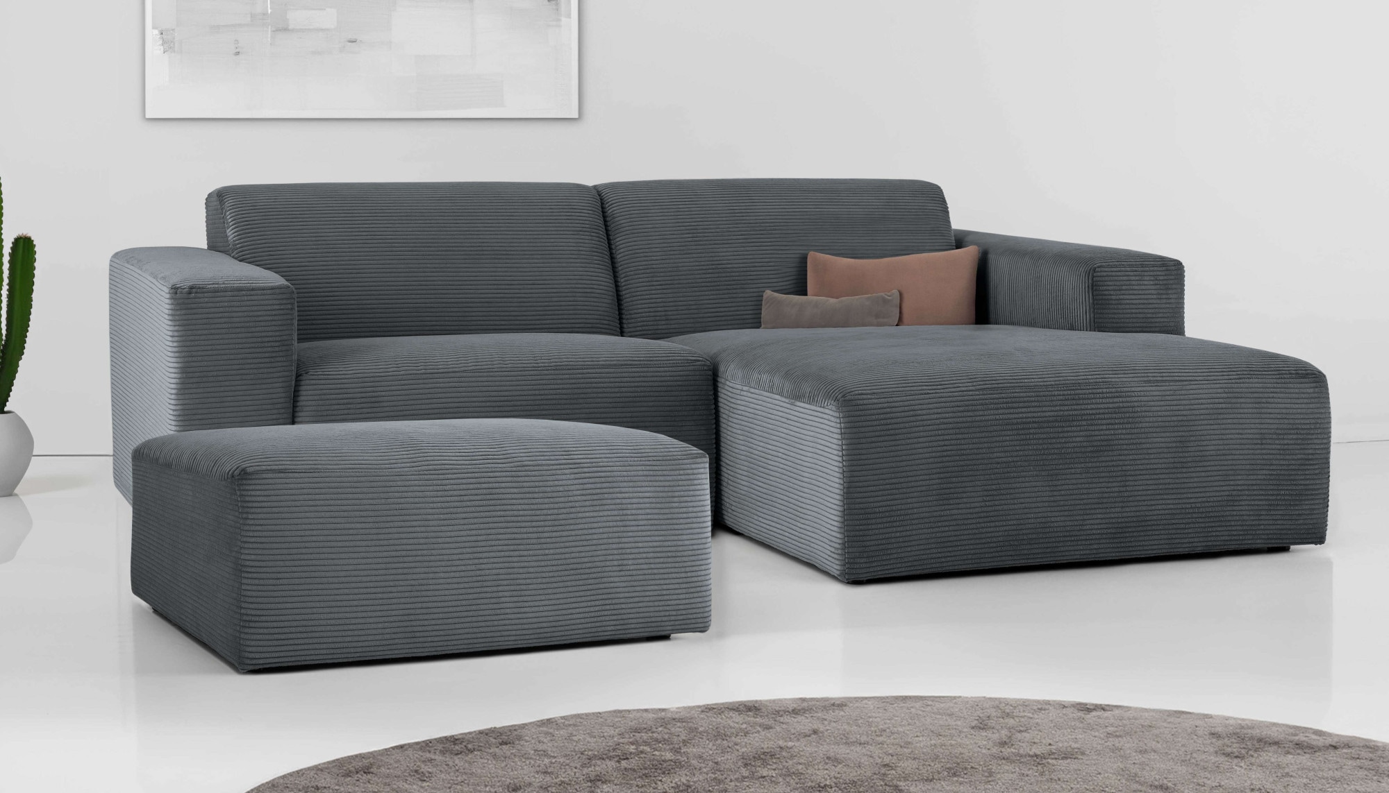 Ecksofa INOSIGN "Koa,228cm, L-Form, Modulsofa, Webstoff, Cord, Struktur, Chenille", grau (dunkelgrau), B:228cm H:88cm T:159cm, 100% Polyester, Sofas, Ecksofa, Designsofa, Set, Hocker inklusive, weicher Lounge-Sitzkomfort Image