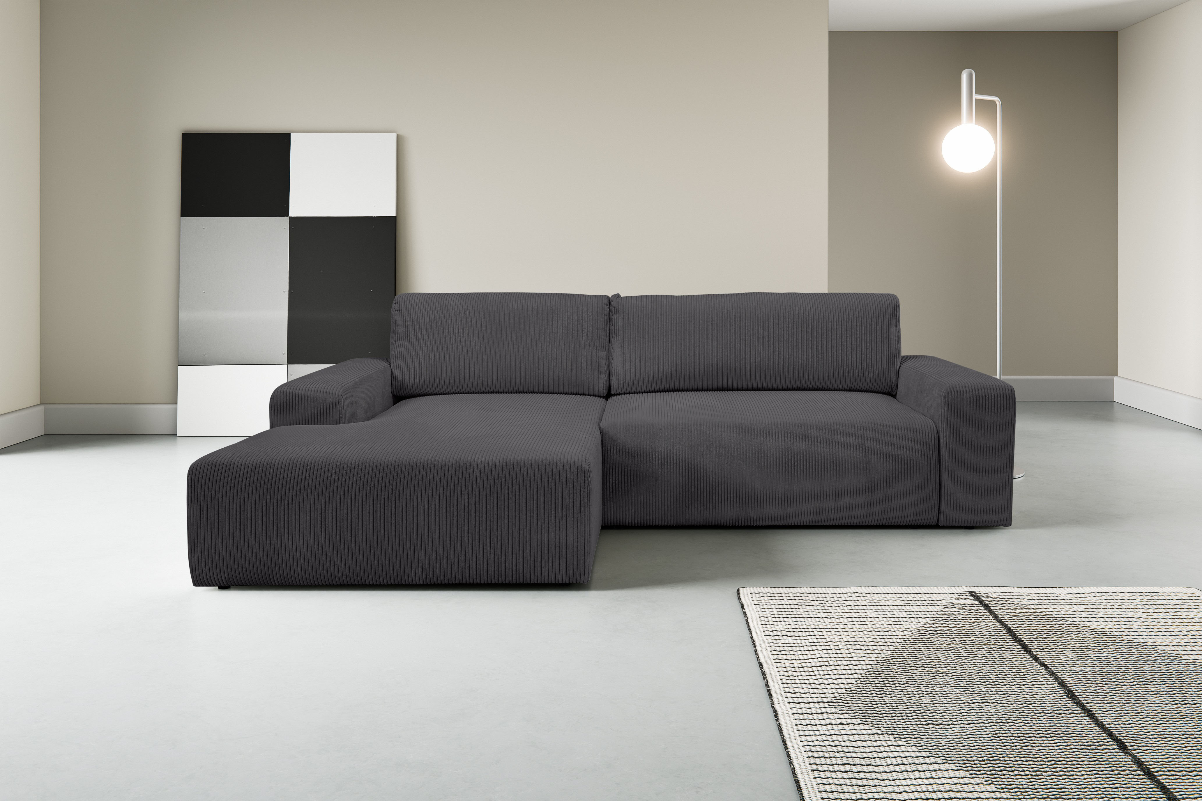 Ecksofa WERK2 "Rotterdam-L, kuschelweicher Cord oder Breitcord, L-Form, Breite 267 cm", grau (anthrazit), B:267cm H:85cm T:165cm, 90% Polyester, 10% Nylon, Sofas, Design Ecksofa mit Schlaffunktion & Bettkasten, Cord, Anthrazit