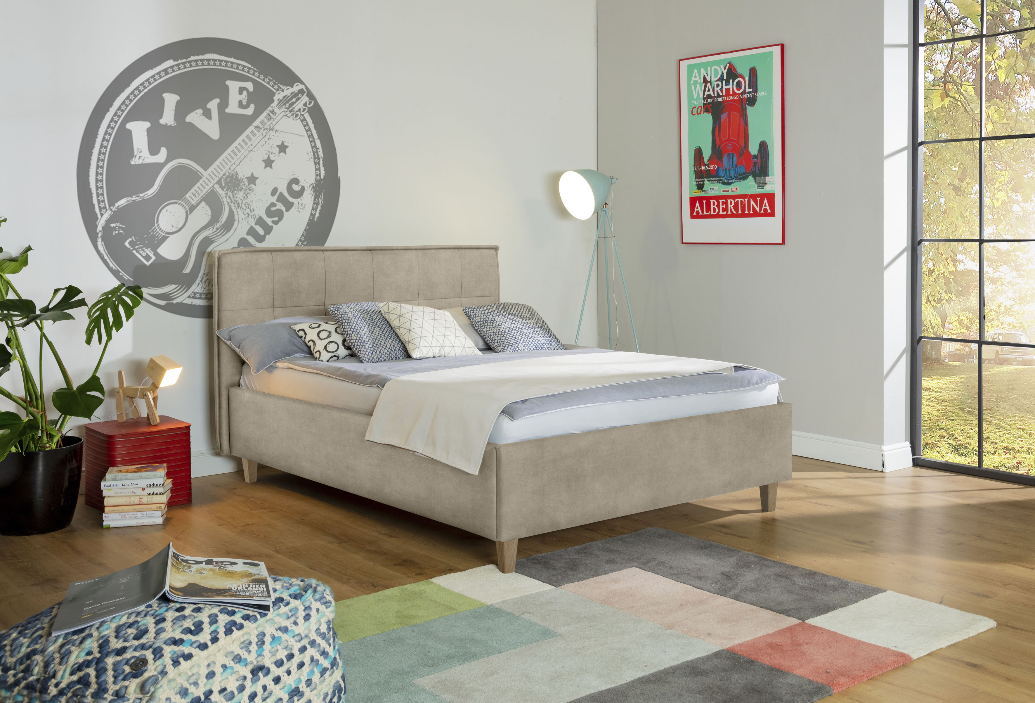 Polsterbett ALINA "Hakon", beige (beige dfn 31), B:181cm H:107cm L:209cm, Samtstoff DFN (100% Polyester), Betten, wahlweise mit Matratze und Lattenrost, Füße in Buche natur Image