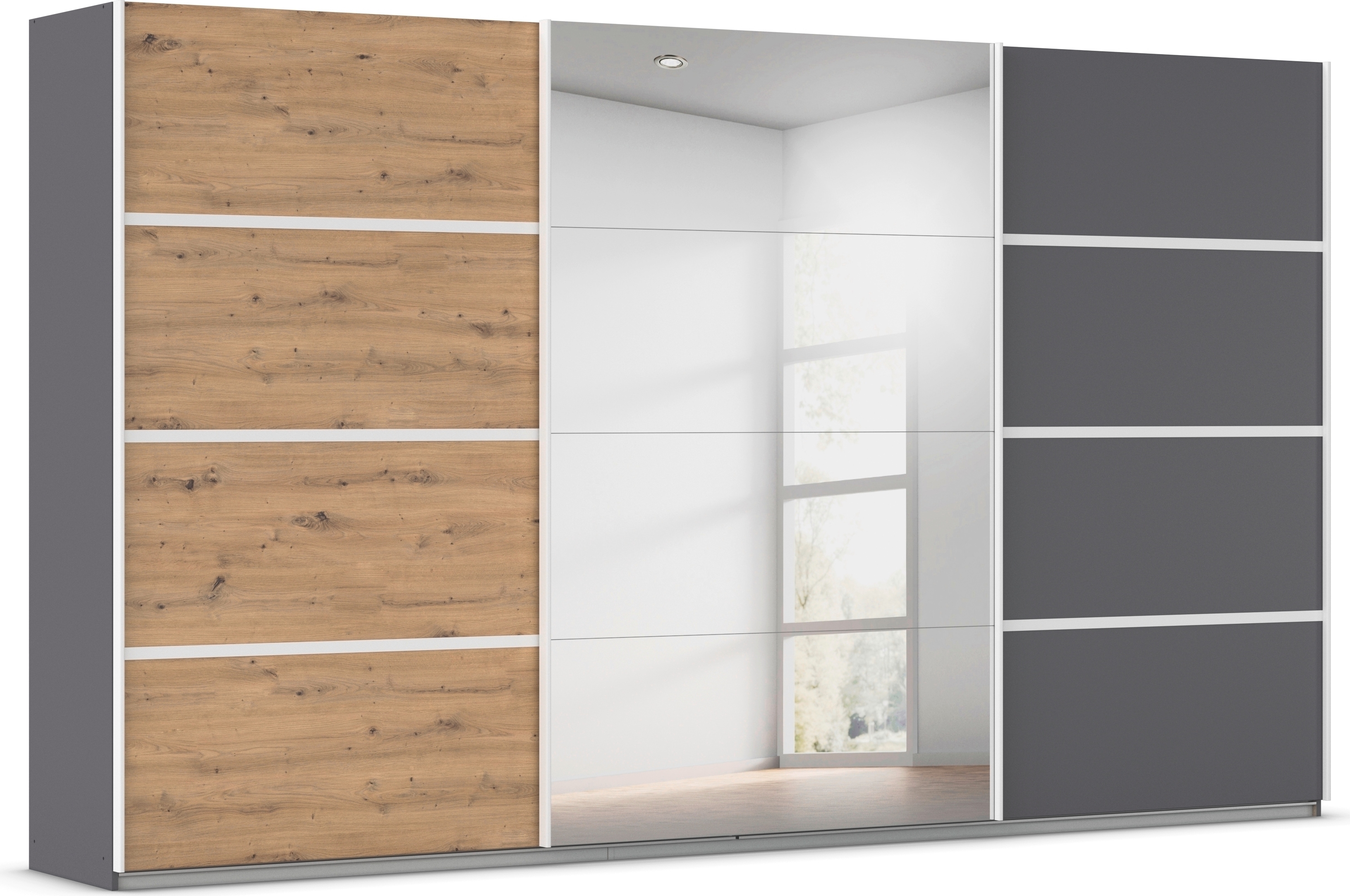 Kleiderschrank RAUCH "Schwebetürenschrank OTTO´s Choice Garderobe Schrank TOP ANGEBOT Avola", graumetallic, eiche artisan, leisten weiß, B:360cm H:210cm T:62cm, Holzwerkstoff, Schränke, mit eleganten Zierleisten in Chrom, Schwarz oder Weiß MADE IN... Image