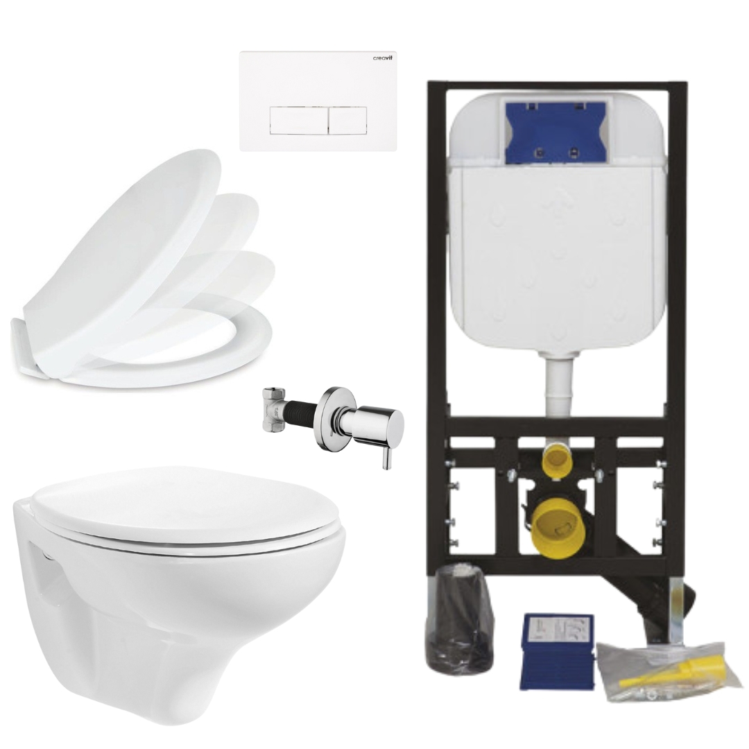 Creavit Hänge Taharet WC Set Weiß spülrandlos mit Bidet Softclose WC Sitz und Unterputz Vorwandelement Spülkasten 3/6 L Image