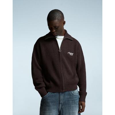 Bershka Embroidered Zip-Up Jacket Men Xl Brown