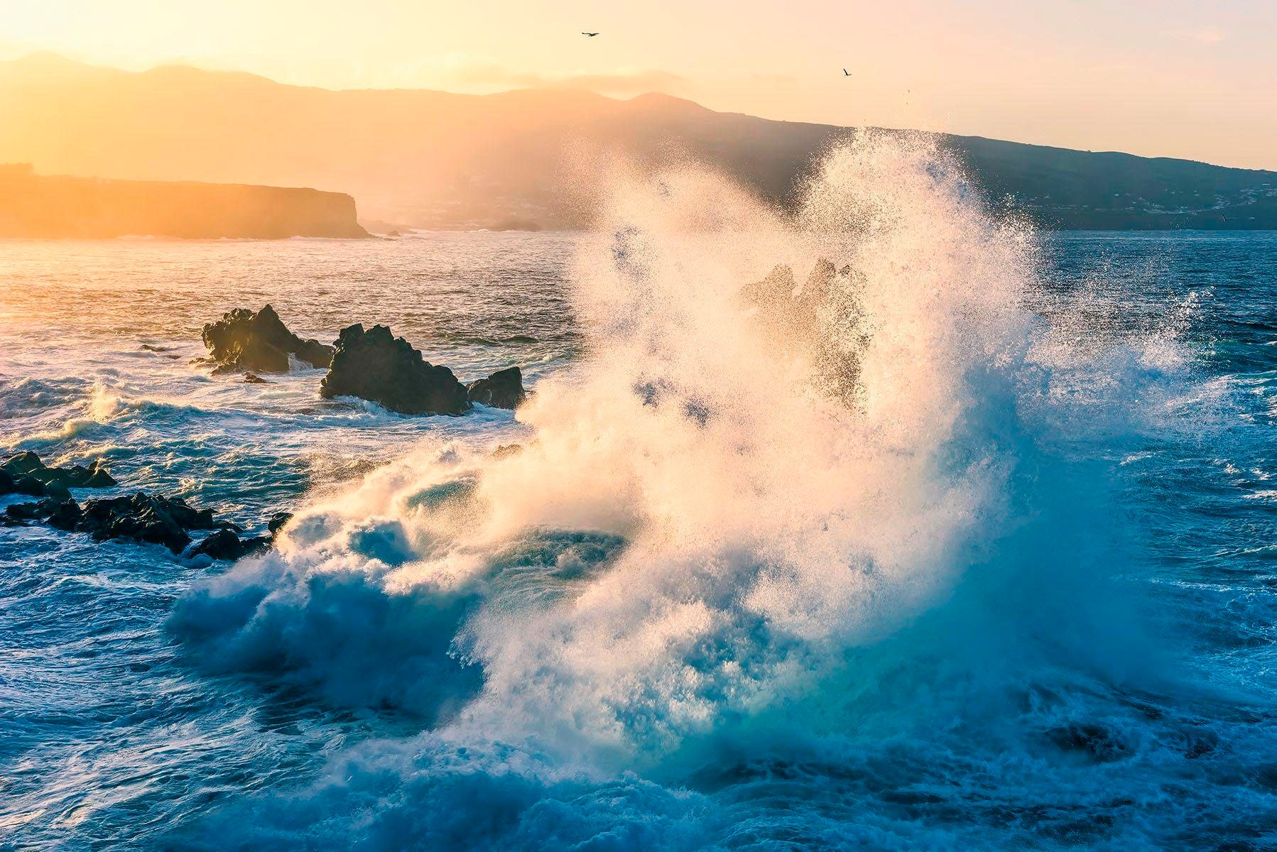 Vliestapete KOMAR "Digitaldruck Vlies - Exploding Elements - Größe 300 x 200 cm", blau, B:300m L:200m, Vlies, Tapeten, Wohnzimmer, Schlafzimmer