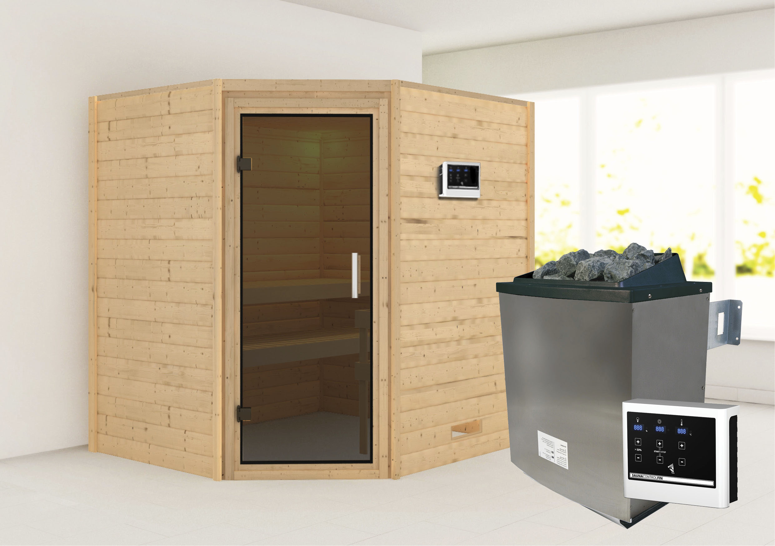 Sauna KARIBU "Mia (Fronteinstieg)", beige (naturbelassen), (ohne Ofen), Saunen, inklusive Ofenschutzgitter und Tür Image