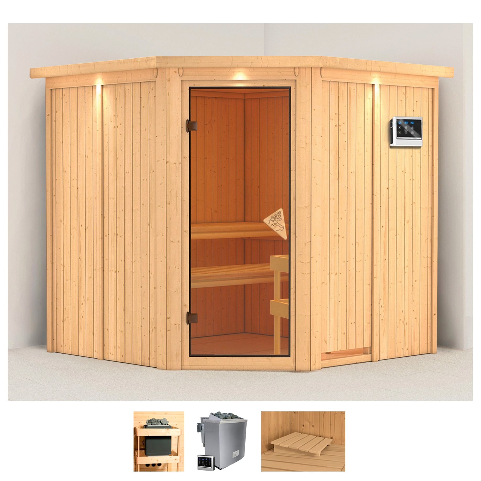 Sauna KARIBU "Jarin", beige (naturbelassen), Saunaofen, externe Steuerung, 9 kW, Saunen, 9-kW-Ofen mit externer Steuerung Image