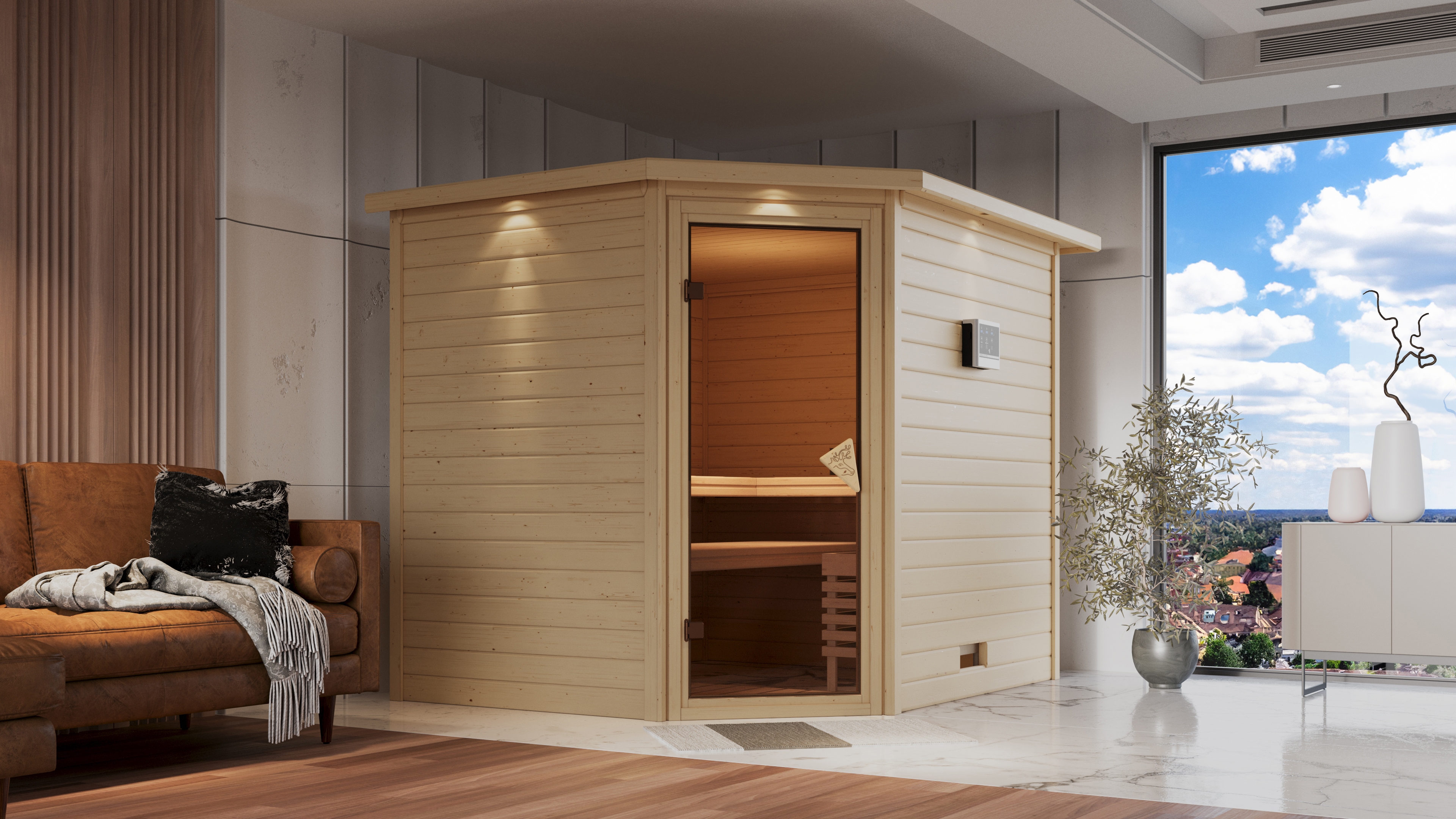 Sauna KARIBU "Talida", beige (naturbelassen), Bio-Kombiofen, externe Steuerung, 9 kW, Saunen, 9-kW-Bio-Ofen mit externer Steuerung Image