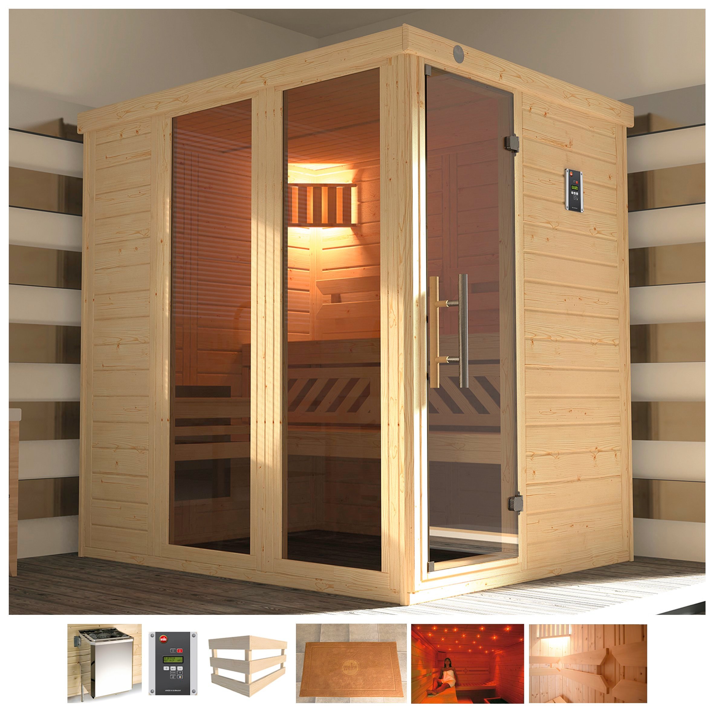 Sauna WEKA "Kemi Panorama", beige (naturbelassen), Bio-Kombiofen, externe Steuerung, 7,5 kW, Saunen, 7,5 kW Bio-Ofen mit ext. Steuerung Image