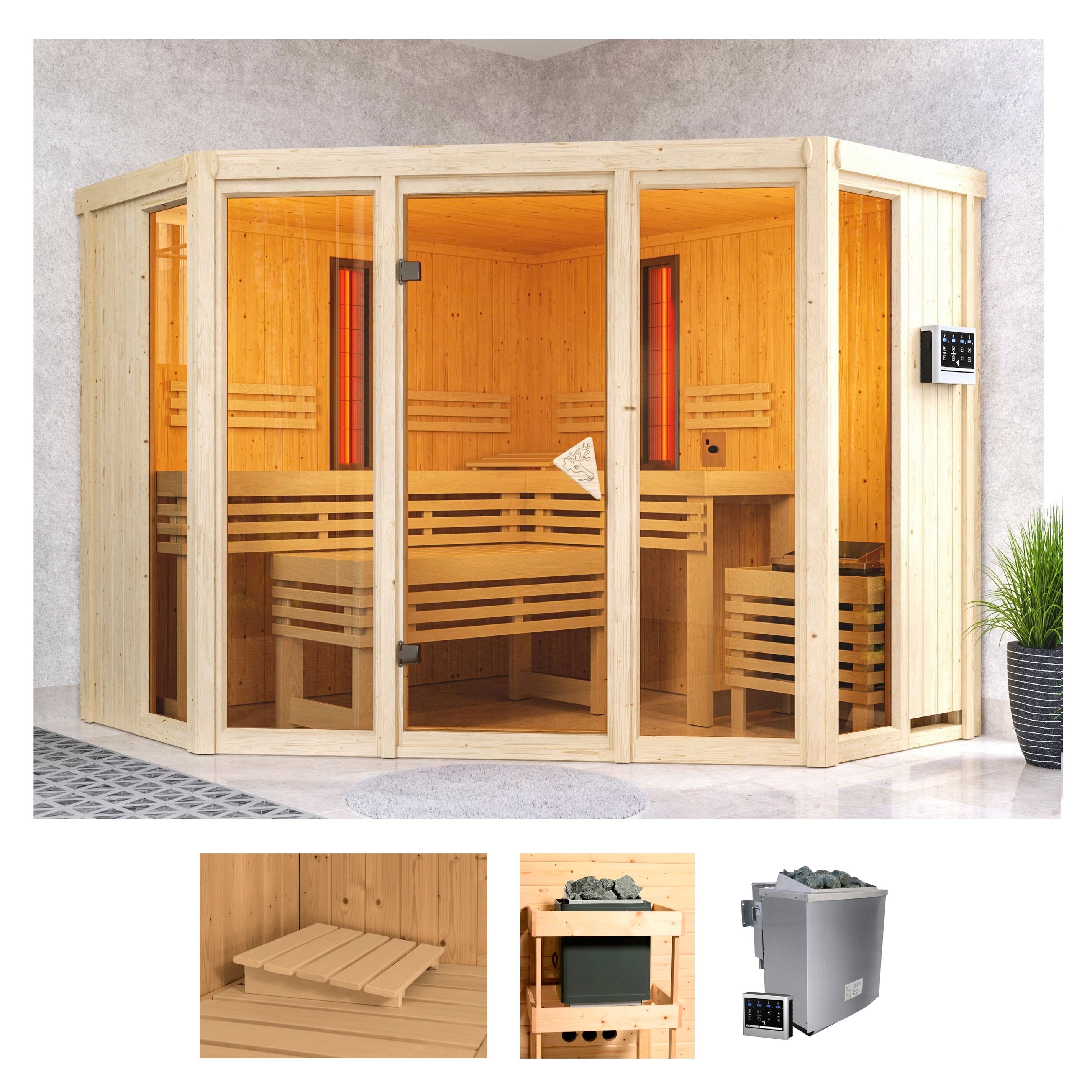 Sauna KARIBU "Adele", beige (naturbelassen), Bio-Kombiofen, externe Steuerung, 9 kW, Saunen, 9-kW-Bio-Ofen mit ext. Steuerung, 2 Infrarot-Vitalight-Strahlern Image