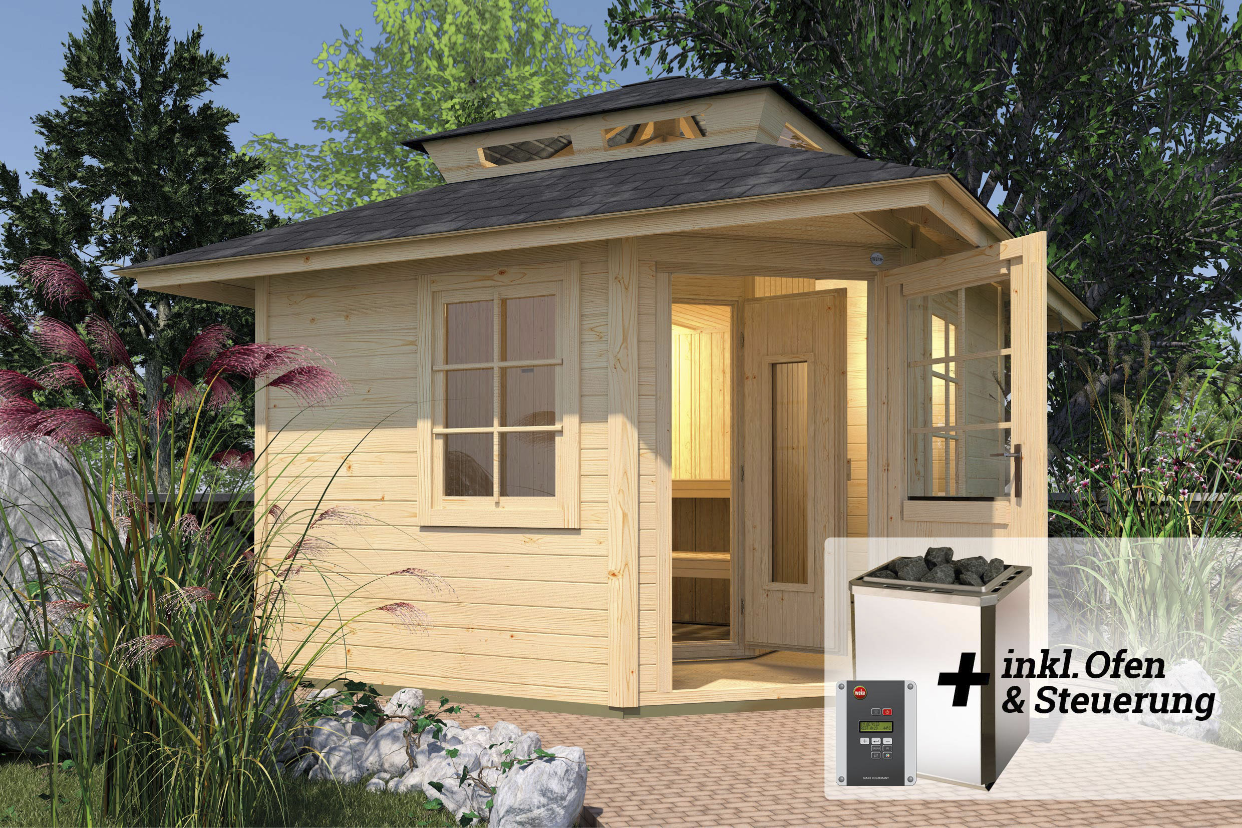 Saunahaus WEKA "Kurikka", beige (natur), Saunaofen, externe Steuerung, 7,5 kW, Saunen, 7,5 kW-Ofen mit digitaler Steuerung Image