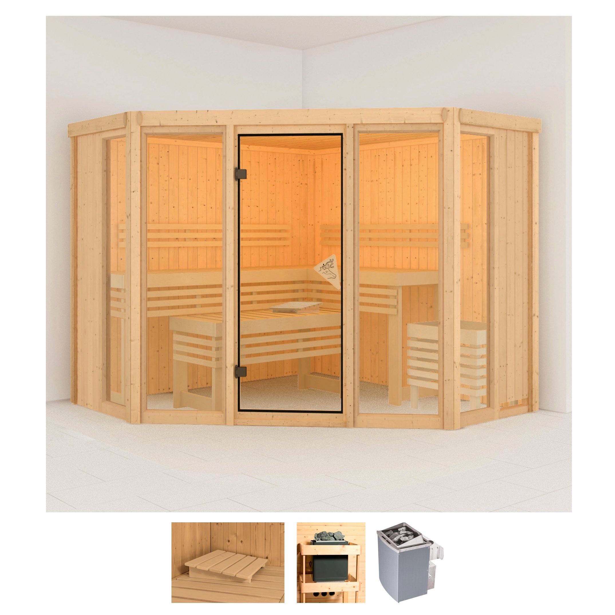 Sauna KARIBU "Astrid 2", beige (naturbelassen), Saunaofen, integrierte Steuerung, 9 kW, Saunen, 9-kW-Ofen mit integrierter Steuerung Image