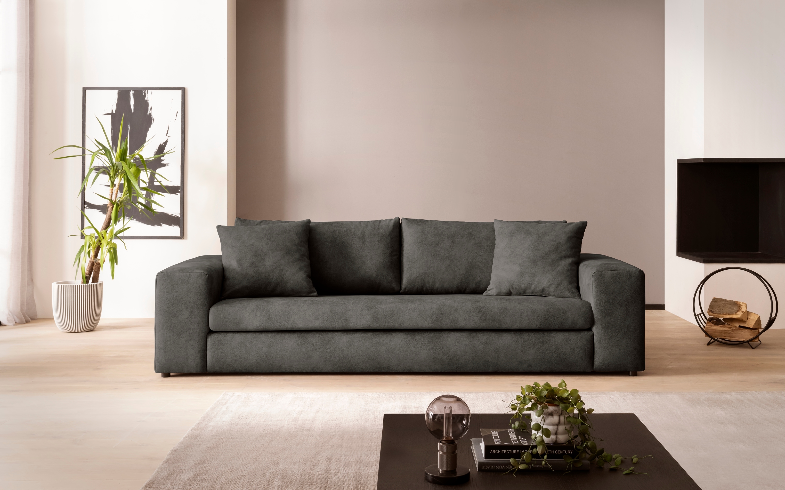 3-Sitzer HOME AFFAIRE "SLEETLAND XXL in Samtvelours oder Vintage-Leder-Optik", grau (dunkelgrau), B:270cm H:72cm T:113cm, Sofas, besonders groß und bequem