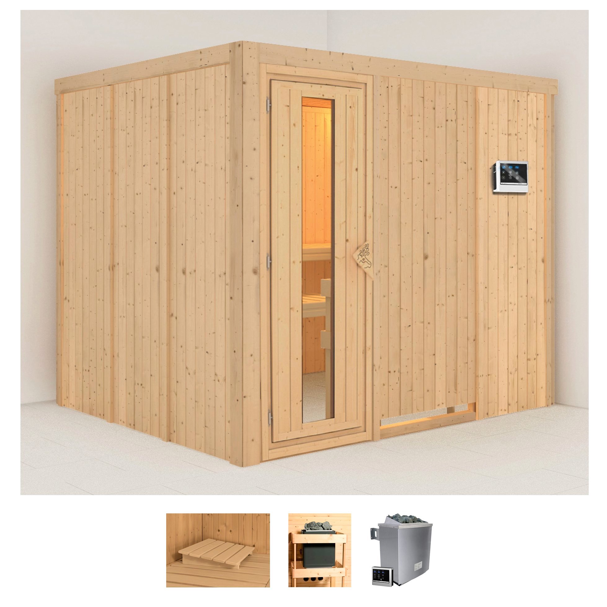 Sauna KARIBU "Gitte", beige (naturbelassen), Saunaofen, externe Steuerung, 9 kW, Saunen, Ofen 9 KW externe Strg easy Image