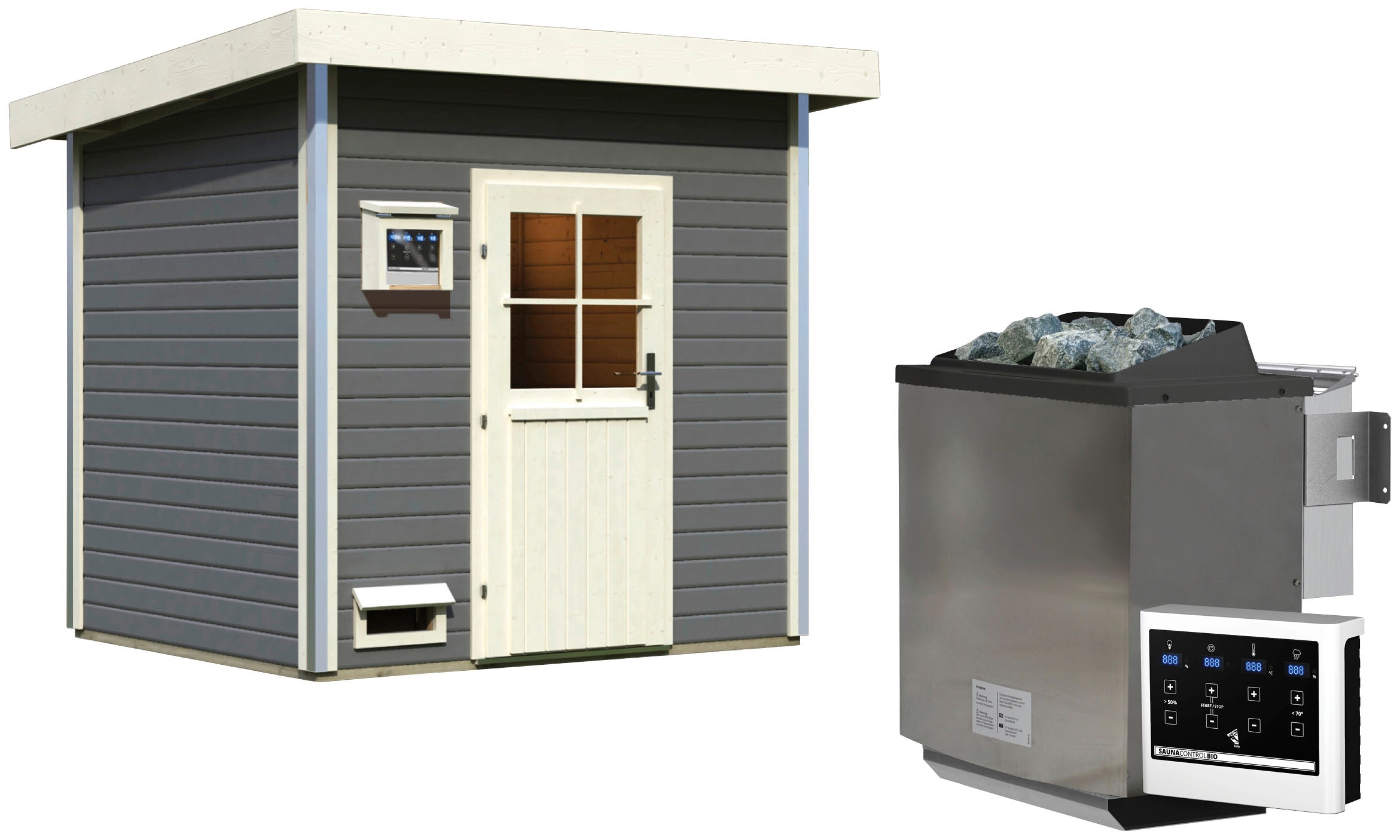 Saunahaus KARIBU "Ralf", grau (terragrau), Bio-Ofen, externe Steuerung, 9 kW, Saunen, Ofen 9 kW Bio externe Strg easy