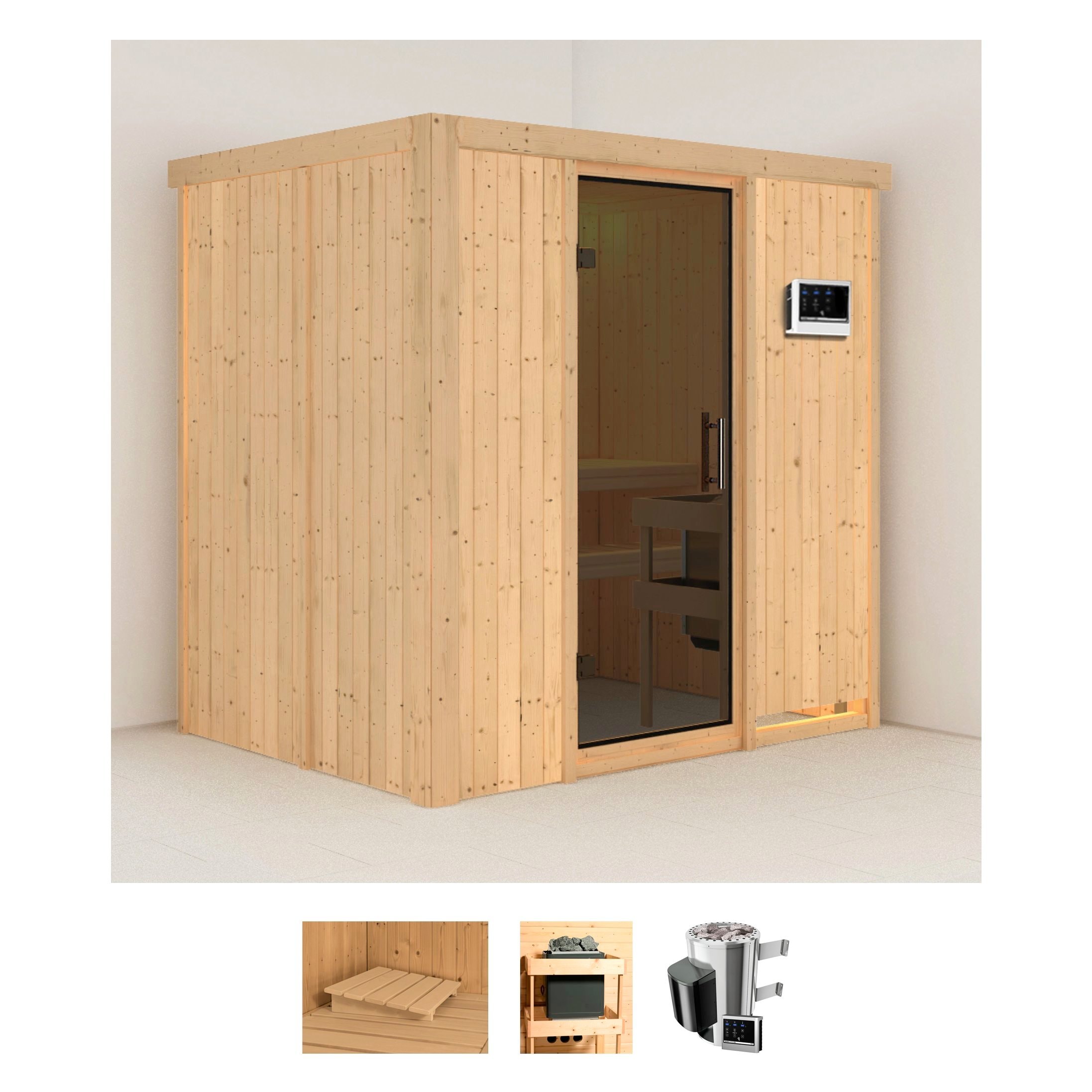 Sauna KARIBU "Finja", beige (naturbelassen), Saunaofen, externe Steuerung, 3,6 kW, Saunen, 3,6-kW-Plug & Play Ofen mit externer Steuerung Image