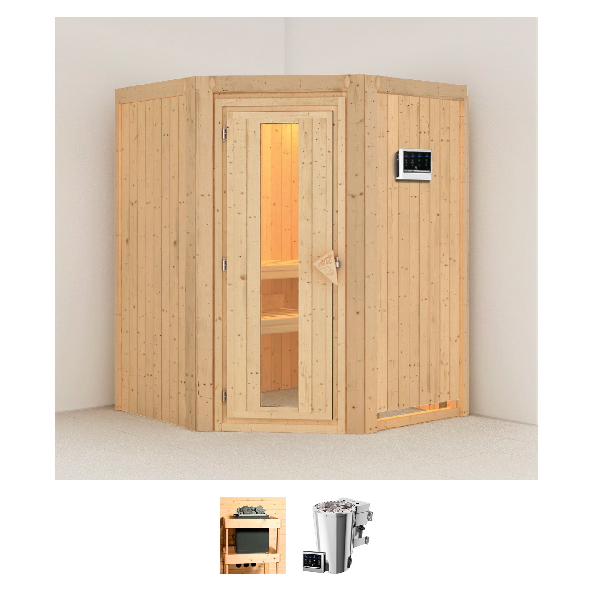 Sauna KARIBU "Nanna", beige (naturbelassen), Bio-Kombiofen, externe Steuerung, 3,6 kW, Saunen, 3,6-kW-Bio-Plug & Play Ofen mit externer Steuerung Image