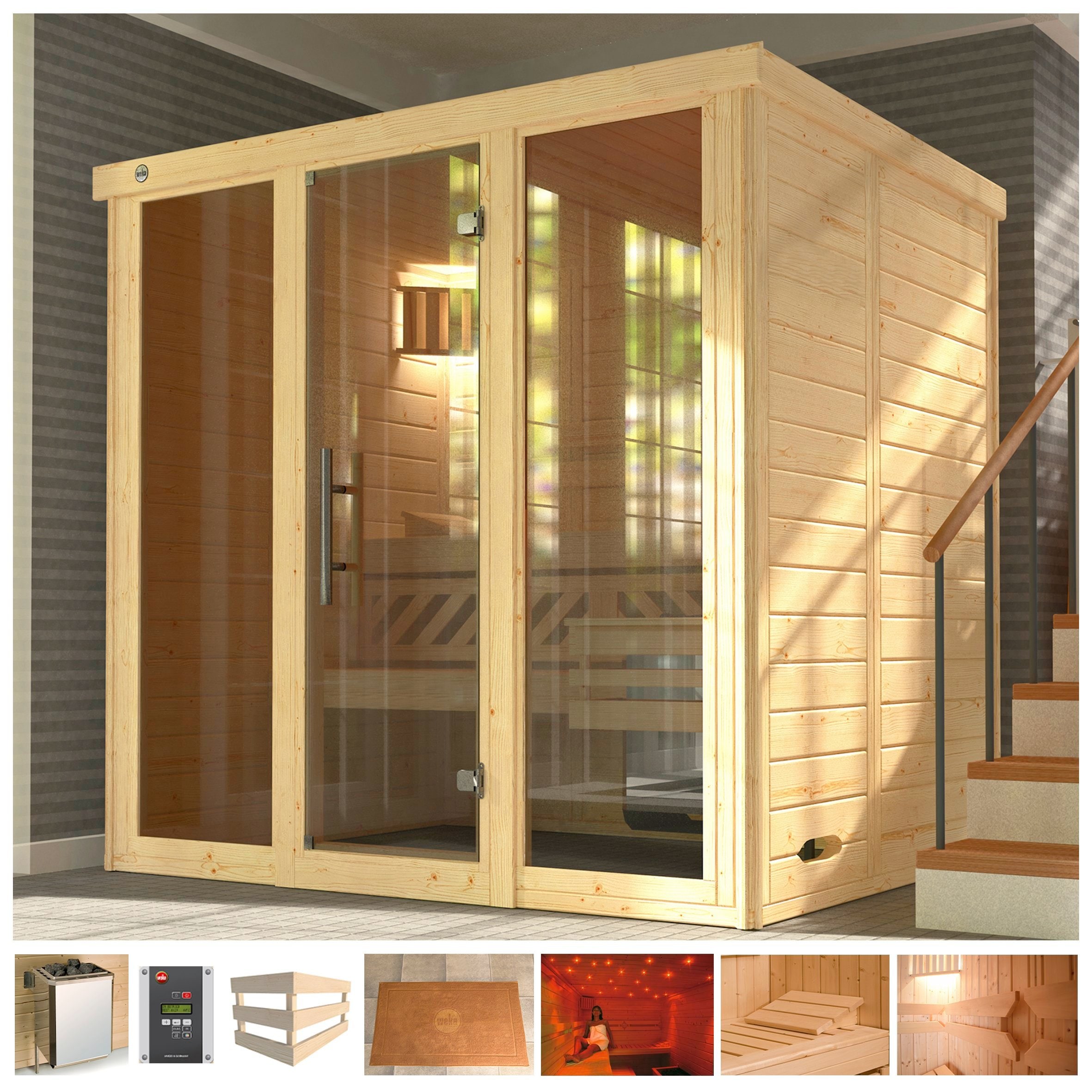 Sauna WEKA "Kemi Panorama", beige (naturbelassen), Bio-Kombiofen, externe Steuerung, 7,5 kW, Saunen, 7,5 kW Bio-Ofen mit ext. Steuerung