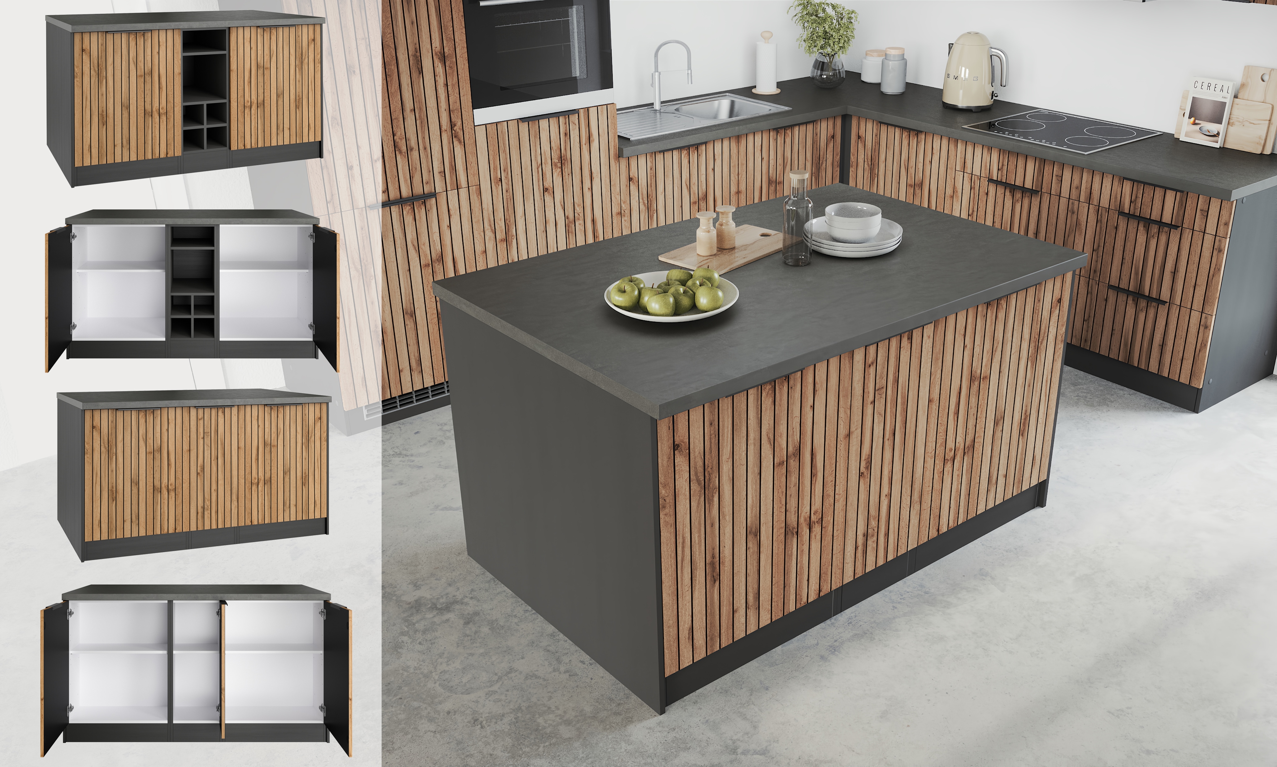 Kücheninsel KOCHSTATION "KS-Lagos", beige (küche: natur, front: listrado eiche, korpus: grafitgrau, arbeitsplatte: betongrau), B:153cm H:86cm T:100cm, Komplettküchen-Sets, Küchenzeile, Kücheninsel 153/100 cm, mit höhenverstellbaren Möbelfüßen Image